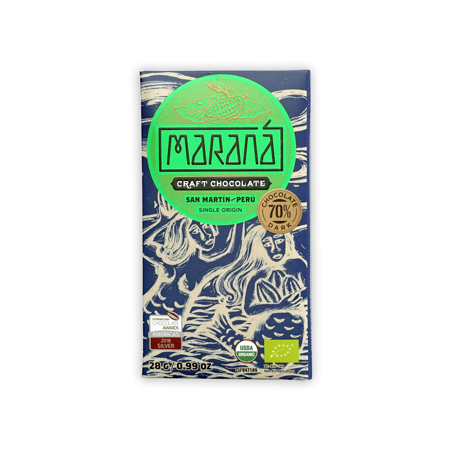Marana Mini 70% dark chocolate bar in blue-green wrapper with white figures