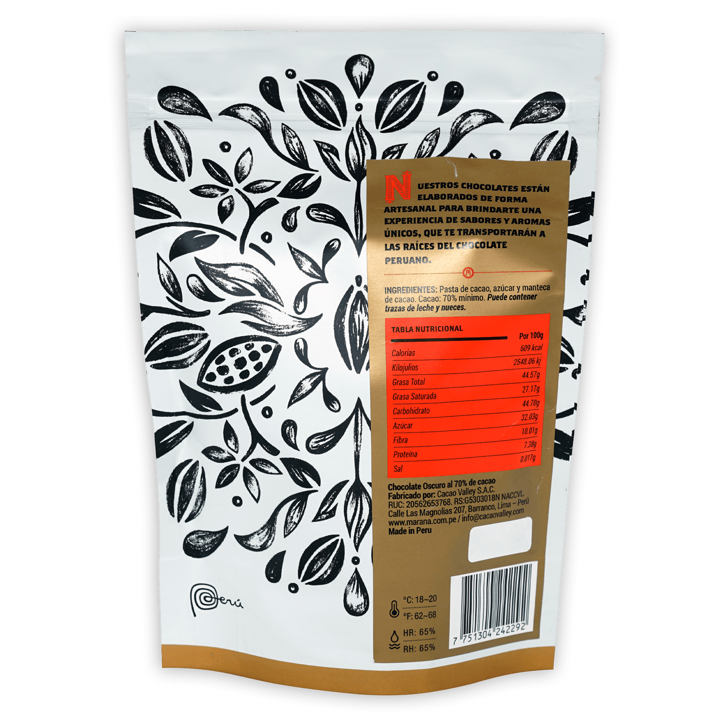 Marana Mini Square Bites Dark 70% resealable pouch back with gold nutrition label