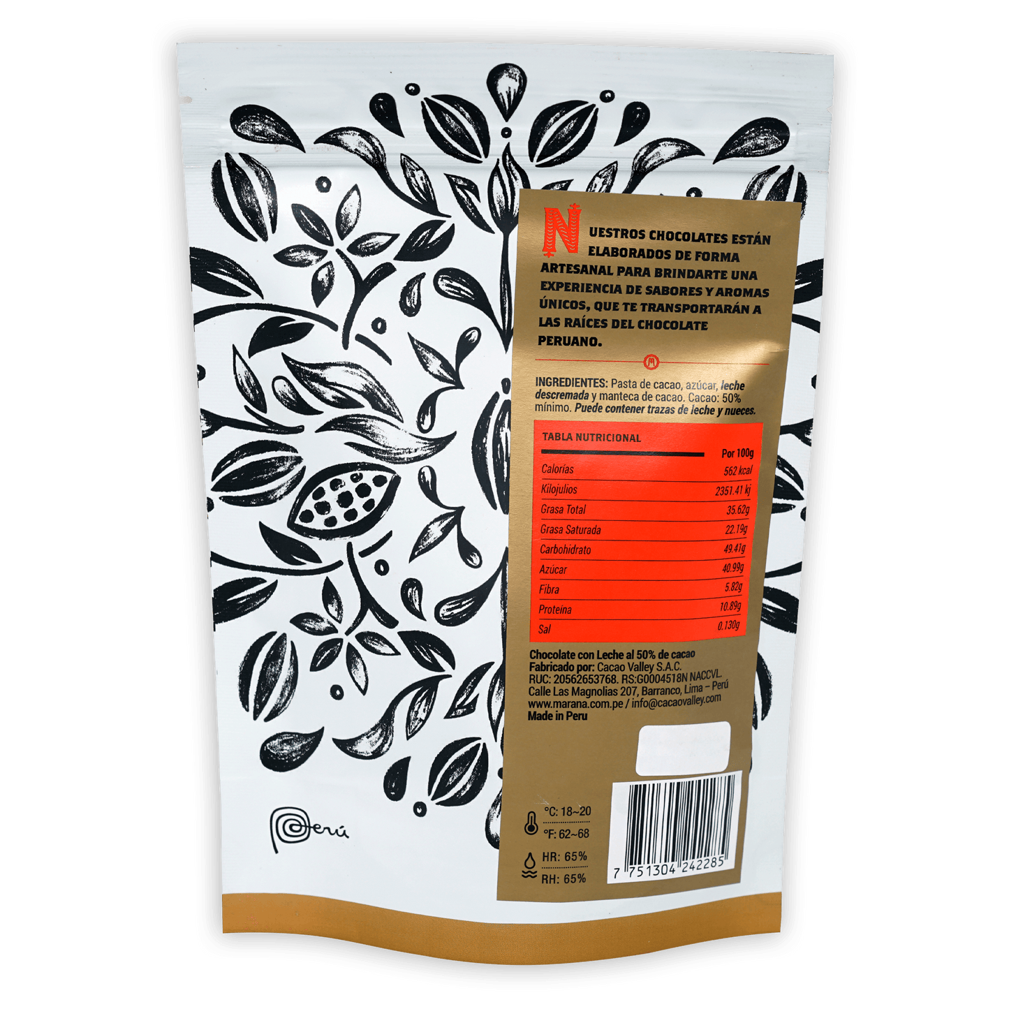 Marana Mini Square Bites Milk 50% white gold foil bag with black leafy pattern