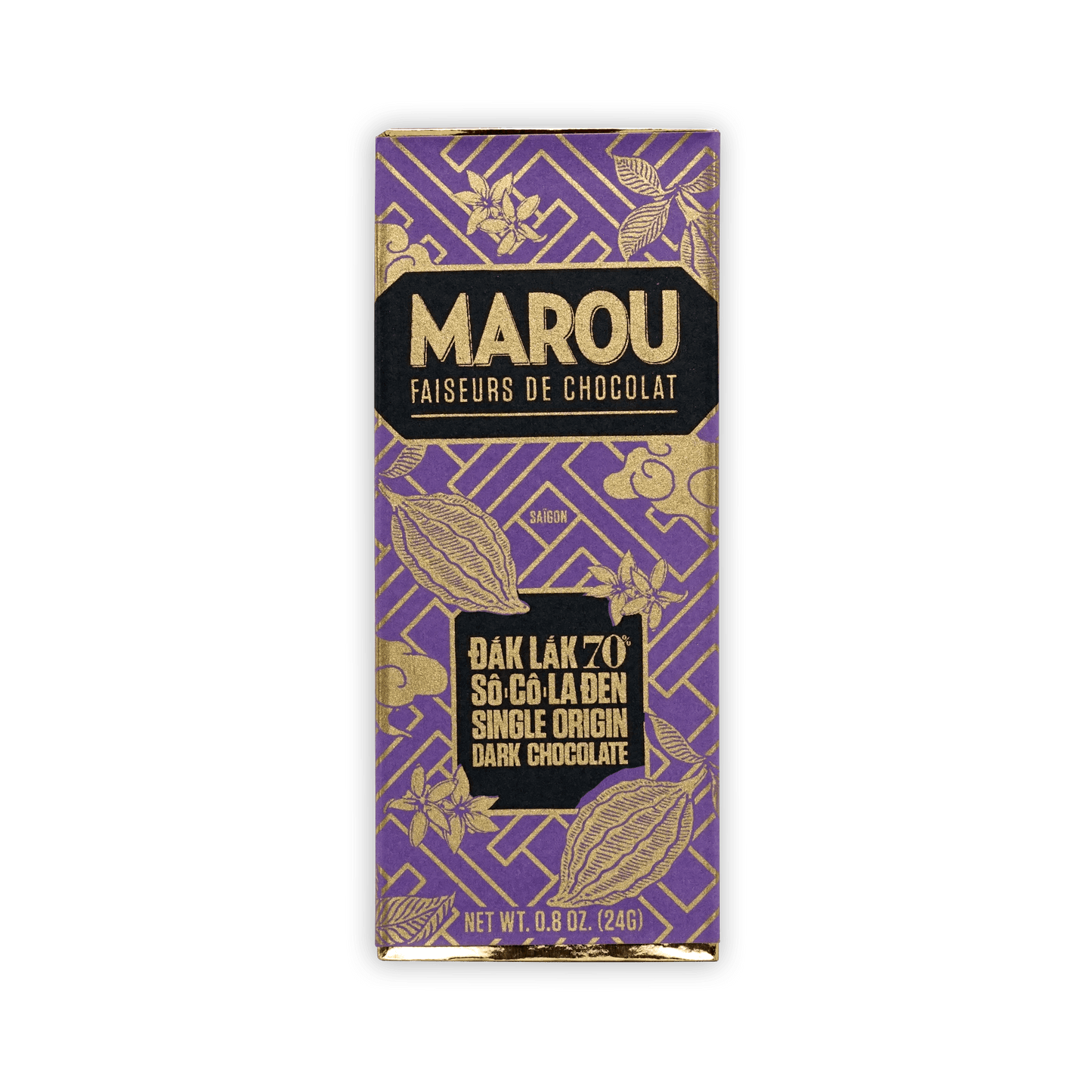 Marou Dak Lak 70% mini dark chocolate bar, purple gold floral pack