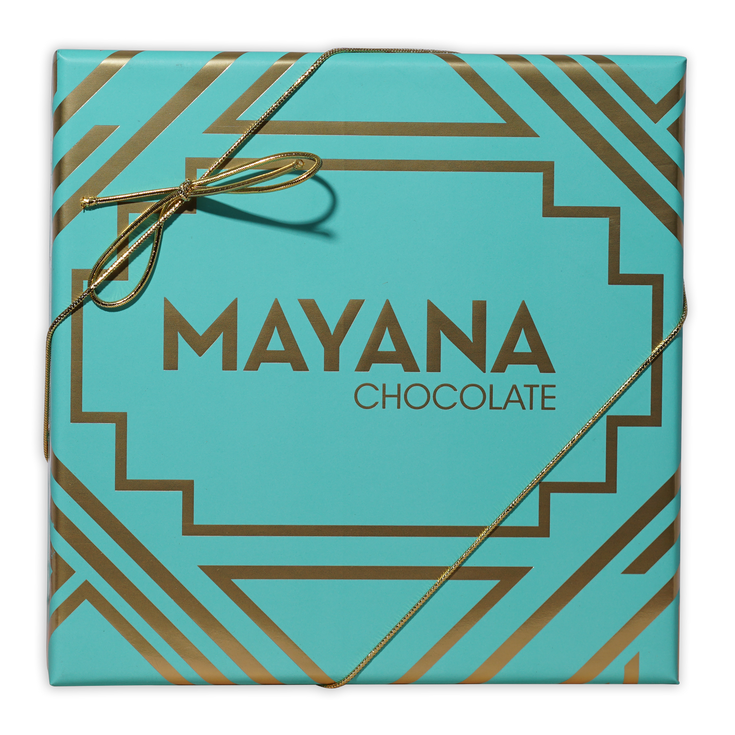 Mayana Chocolate luxury caramels gift box in turquoise gold geometric pattern with ribbon