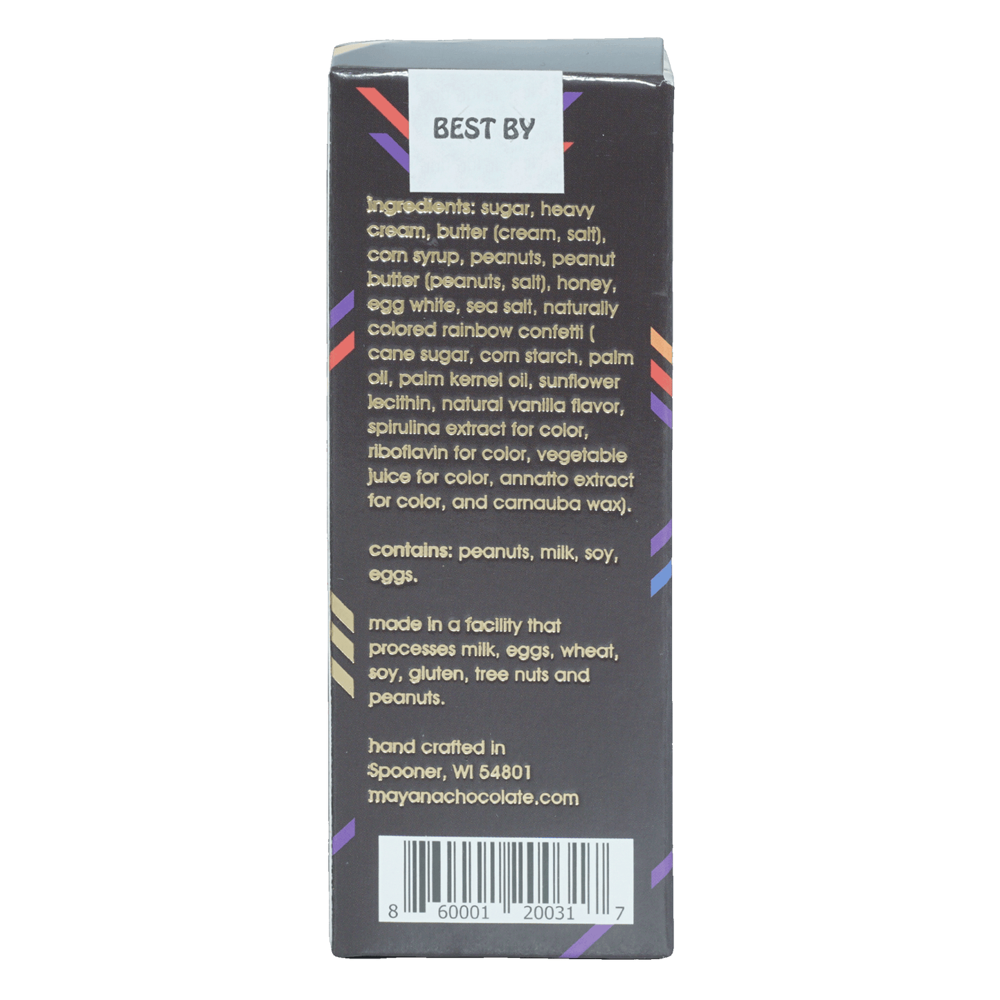 Mayana Chocolate Pride Bar back: black box with colorful stripes, ingredients text