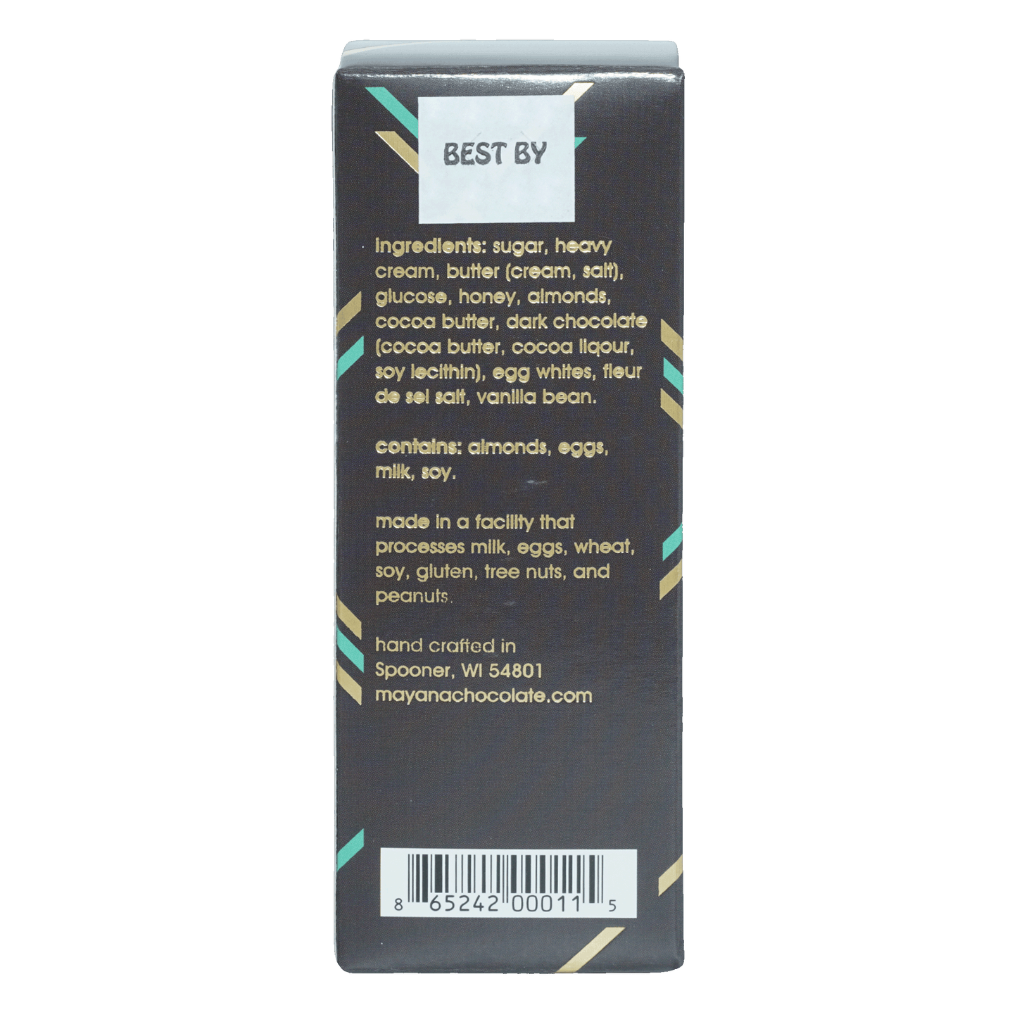 Mayana Chocolate Space Bar black box with gold teal accents and best by label