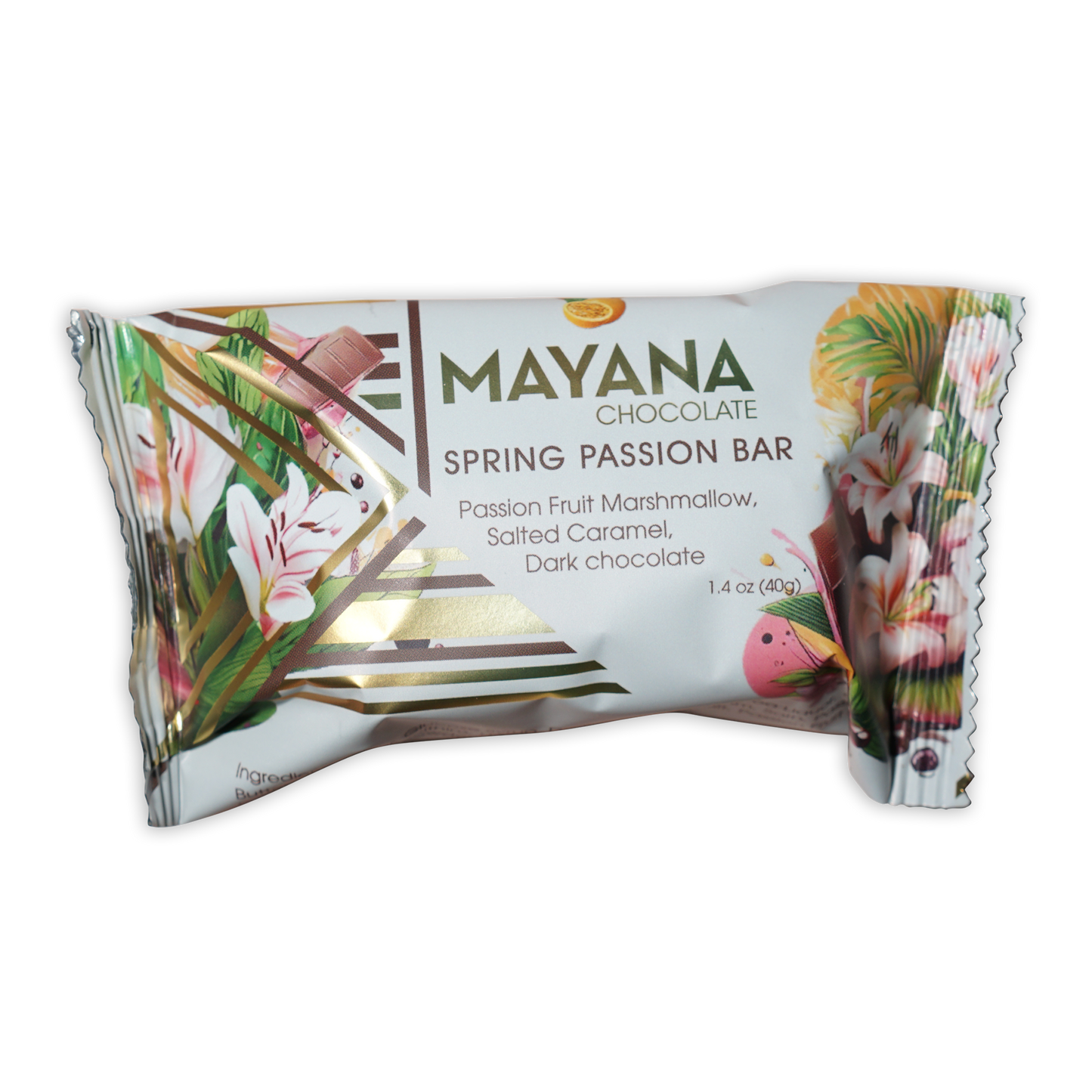 Mayana Chocolate Mini Spring Passion Bar in white gold foil wrapper