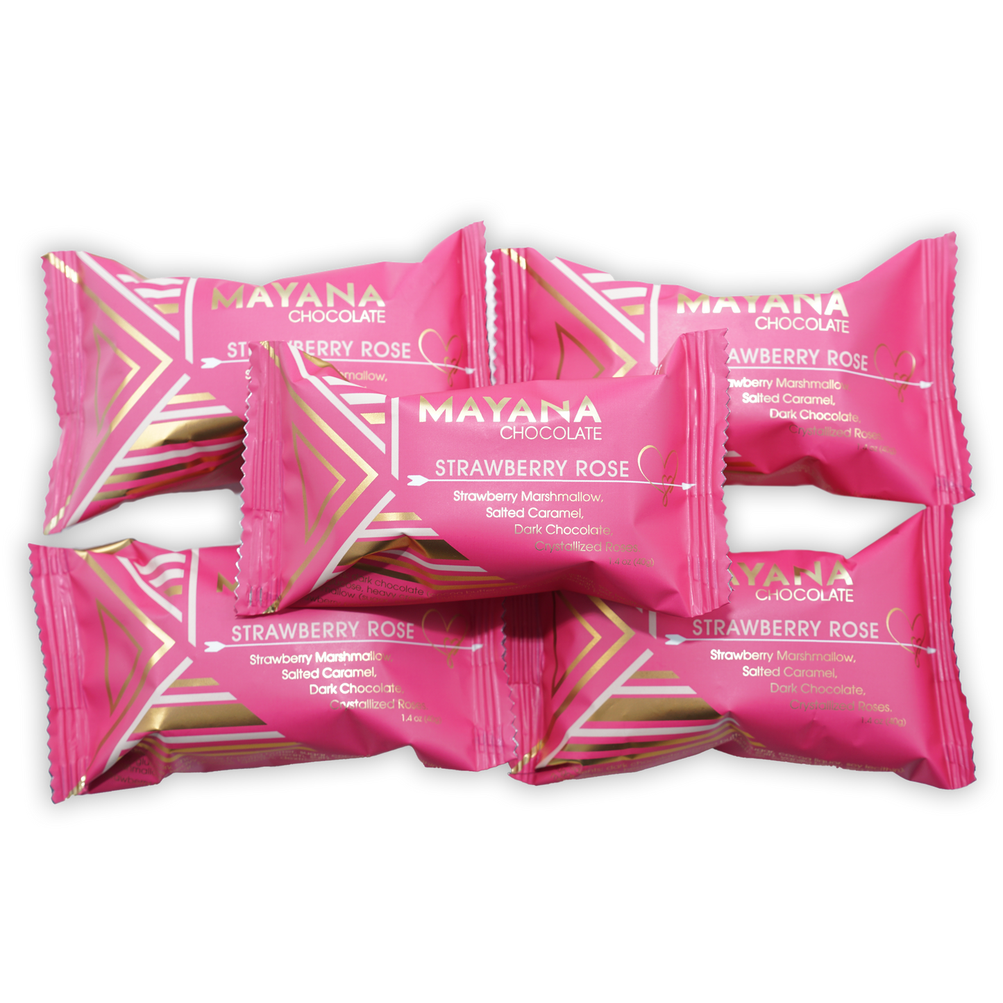 Pink Mayana Chocolate Mini Strawberry Rose Bars in foil with gold patterns