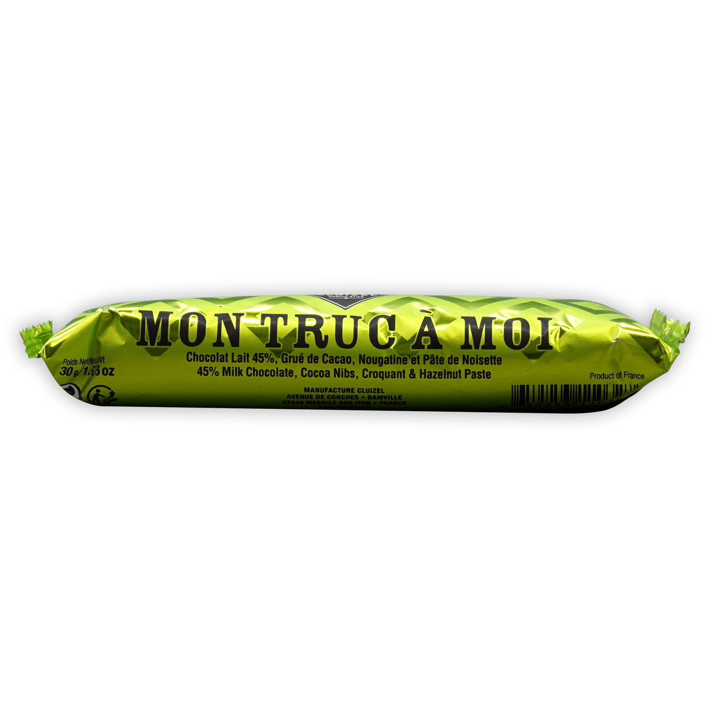 Michel Cluizel Mon Truc à Moi mini bar: vibrant lime green foil with 45% milk chocolate label