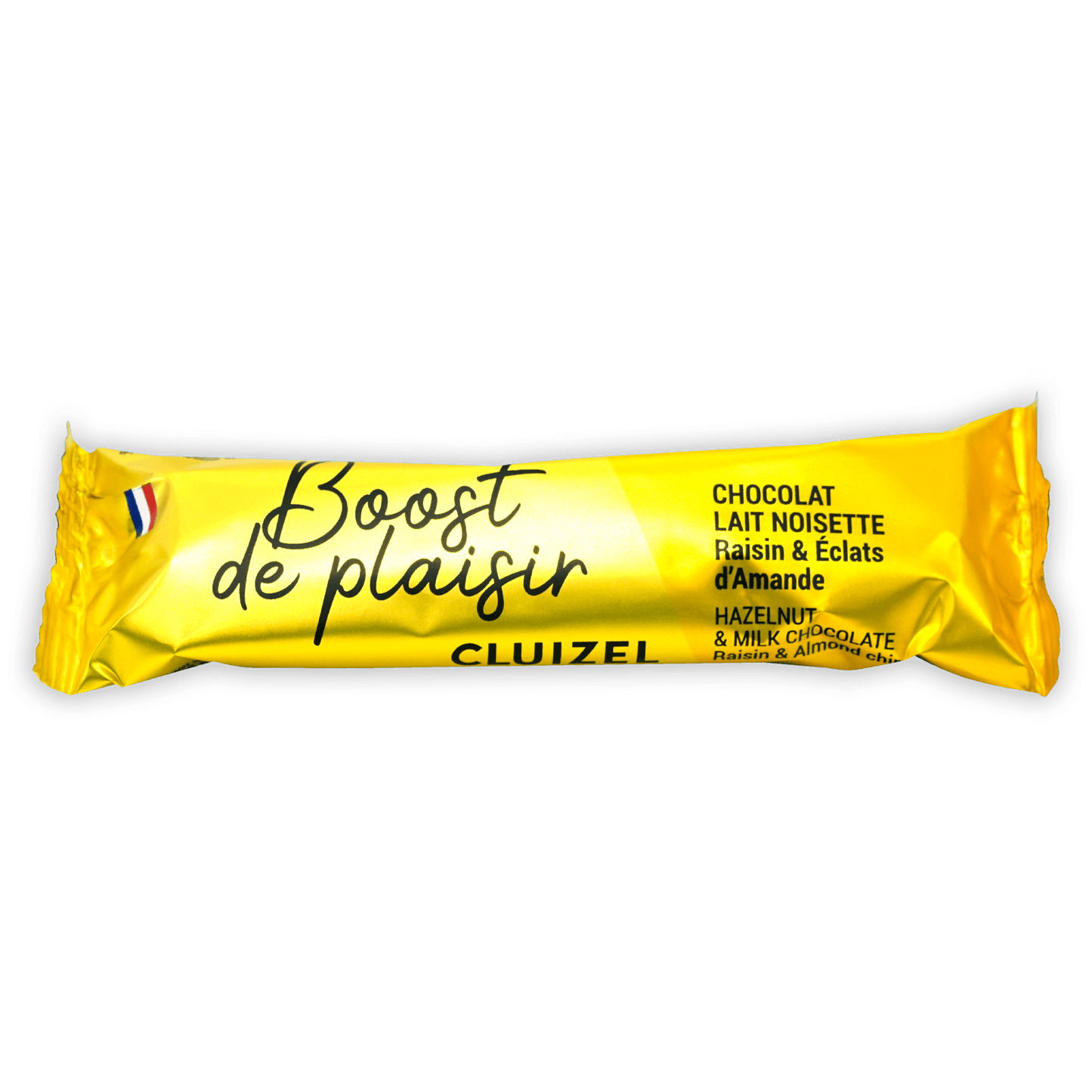 Vibrant yellow Cluizel Boost de Plaisir hazelnut milk chocolate mini bar