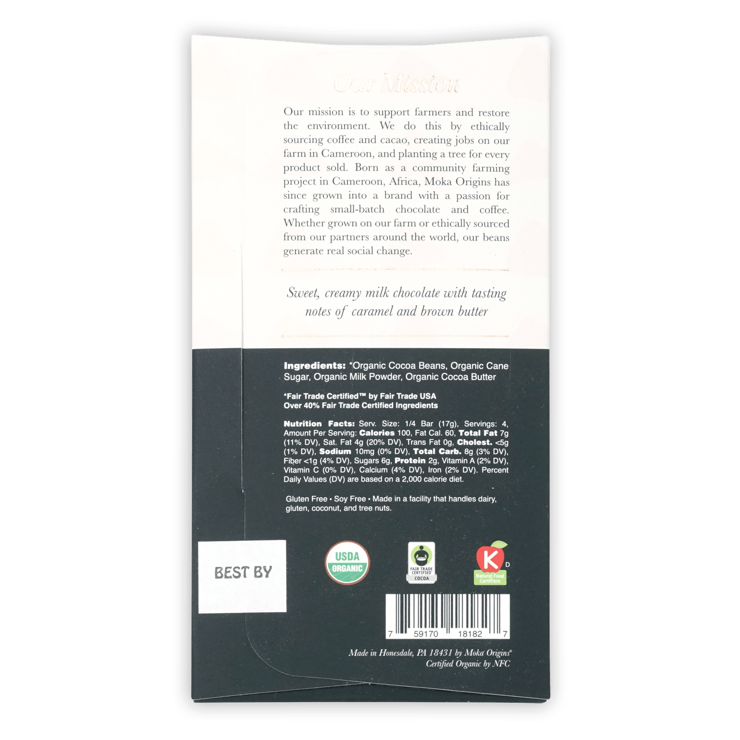 Back of Moka Origins Dark Milk 58% organic chocolate bar wrapper with nutrition facts