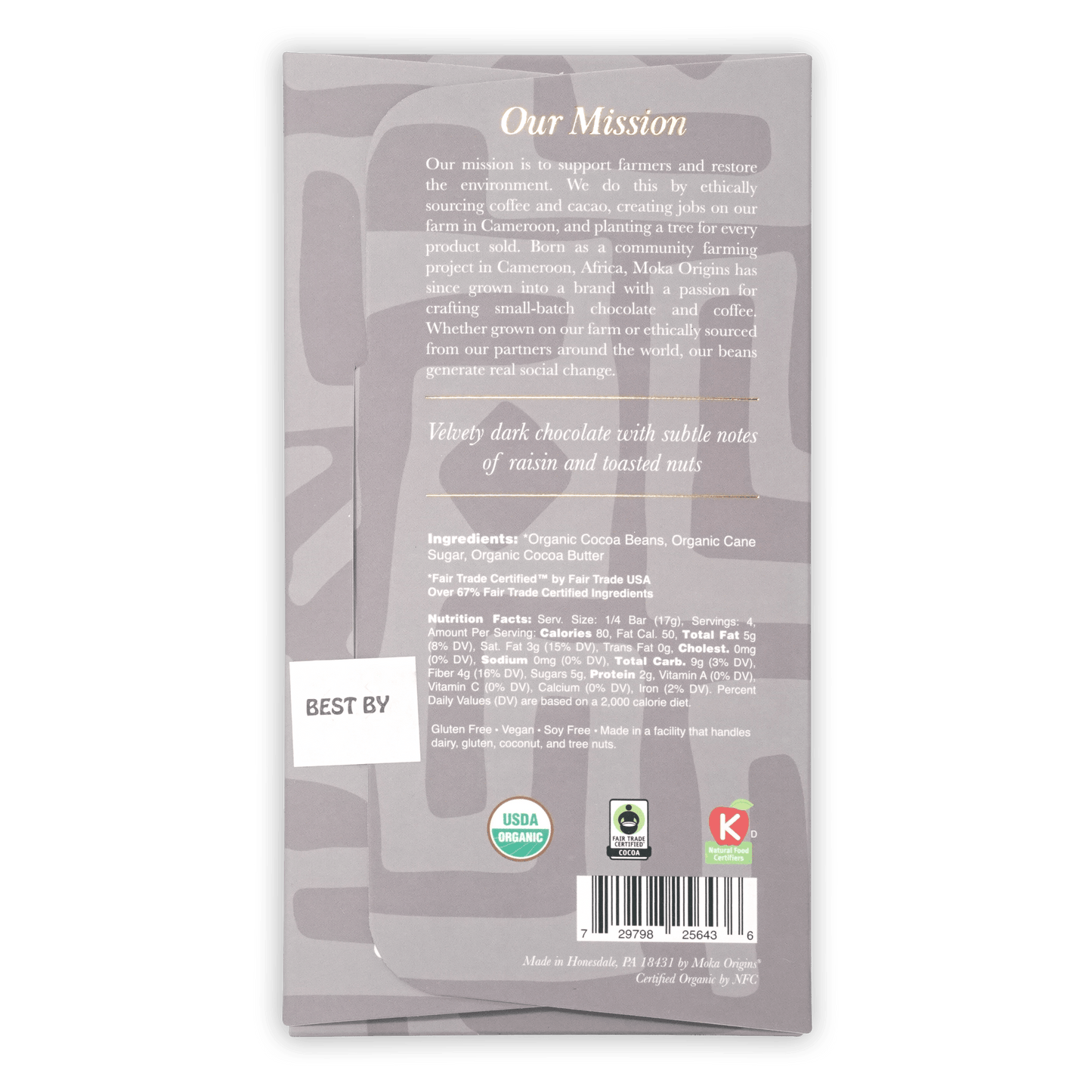 Moka Dark Ghana 72% gray wrapper with organic fair-trade certifications
