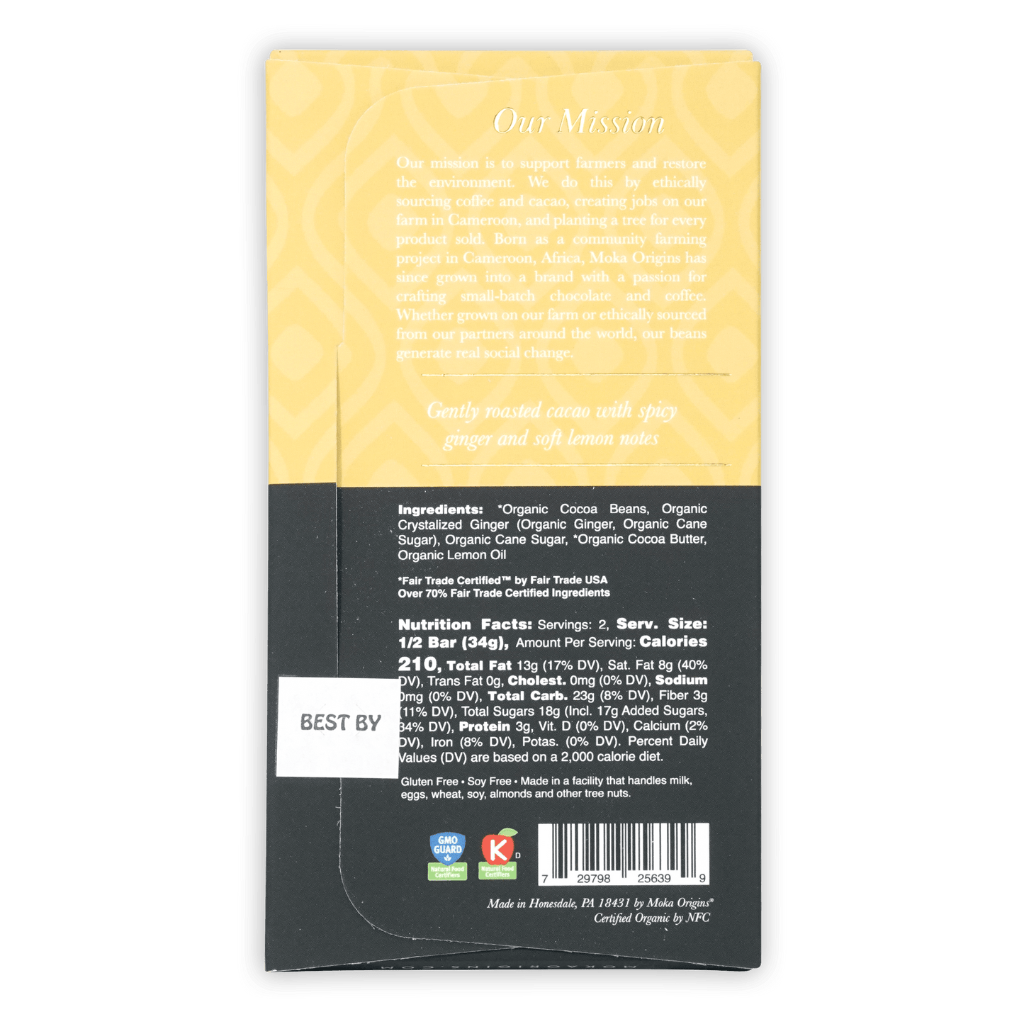Moka Origins yellow black organic ginger dark chocolate bar with lemon ginger 72%