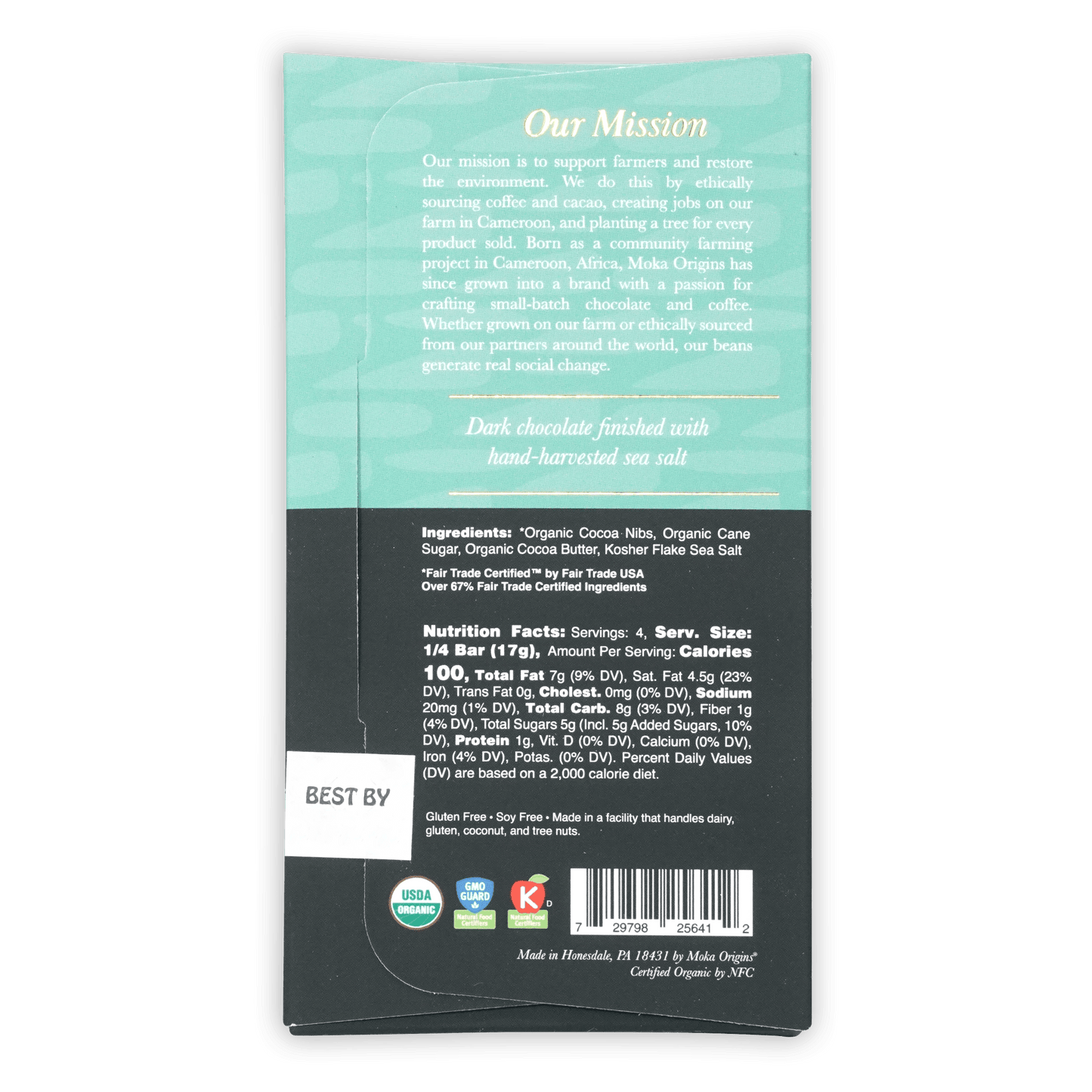Moka Dark Chocolate w/ Sea Salt 72% bar in sleek teal black matte wrapper