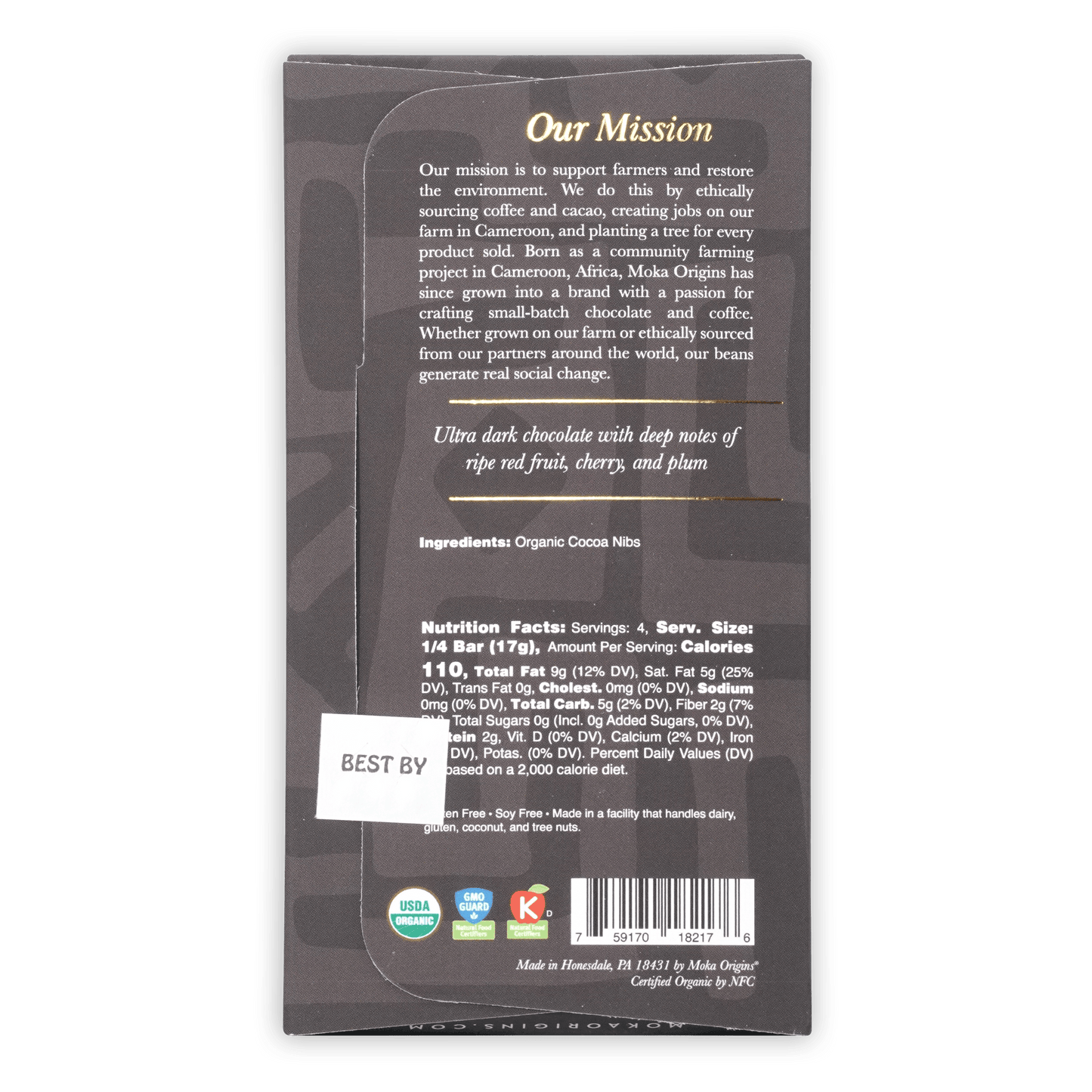 Moka Dark Tanzania 100% chocolate bar wrapper in dark gray with gold text