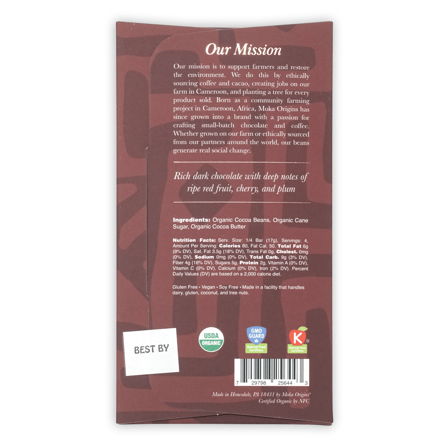 Back of Moka Dark Tanzania 72% organic chocolate bar wrapper