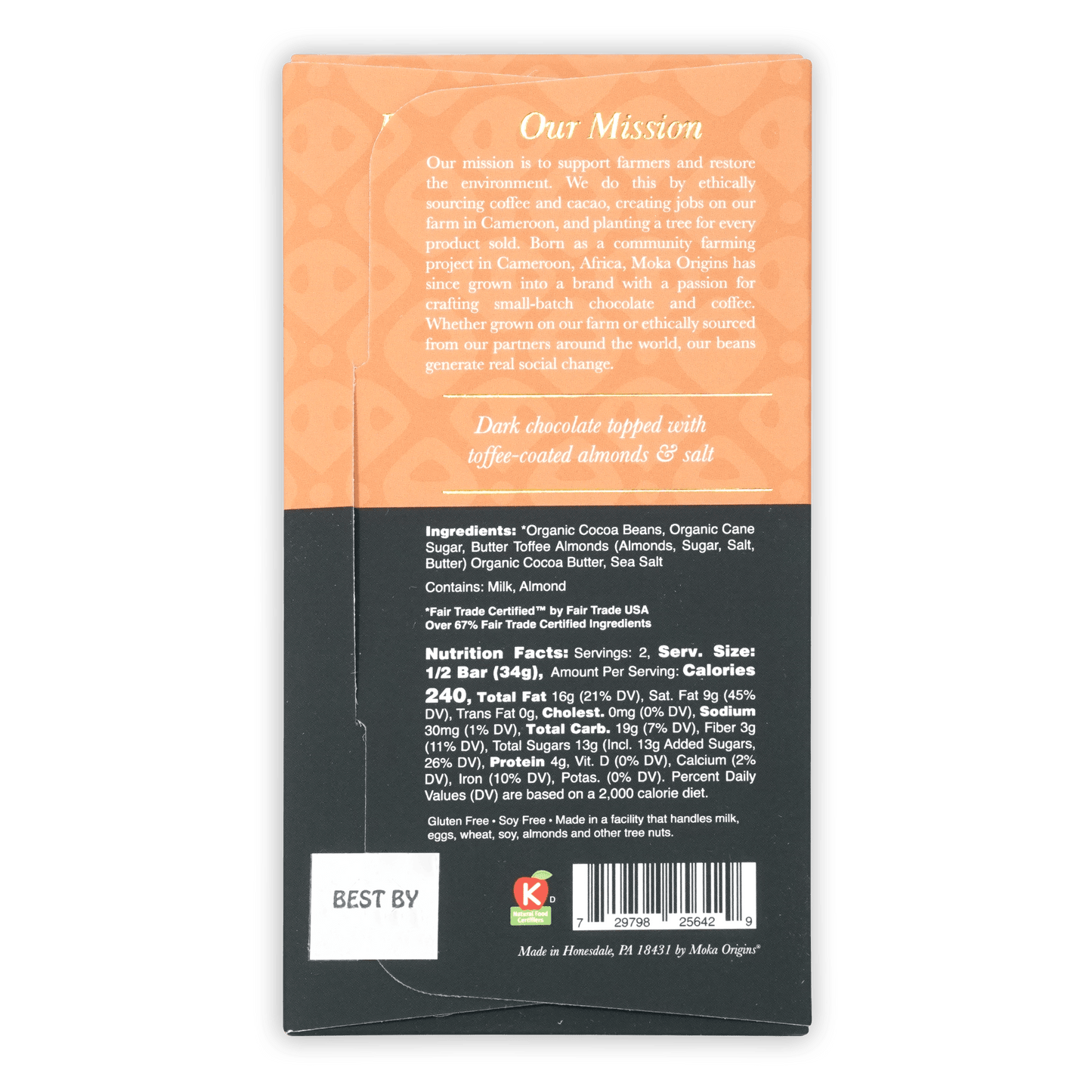 Back of Moka Origins Dark Chocolate w/ Toffee Almonds 72% wrapper