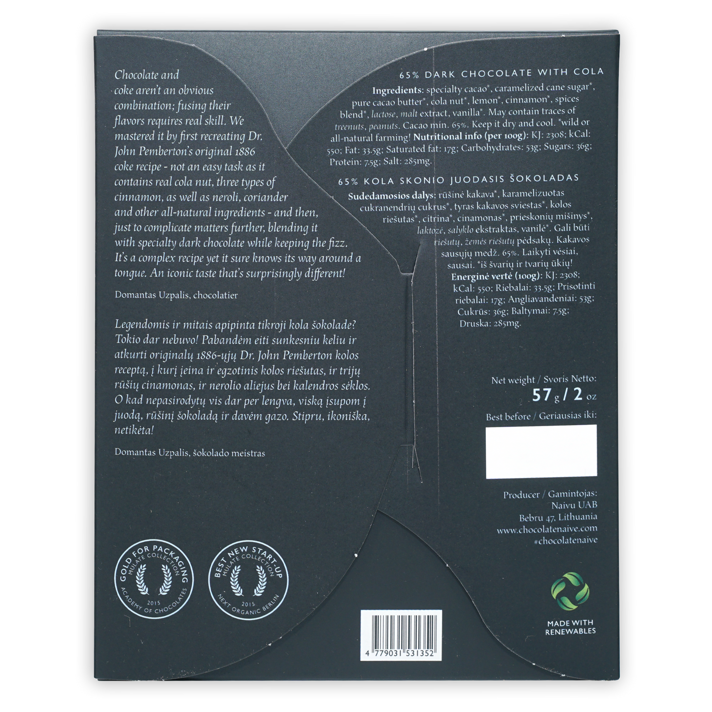 Naive Cola Dark Chocolate 65% bar in sleek black wrapper