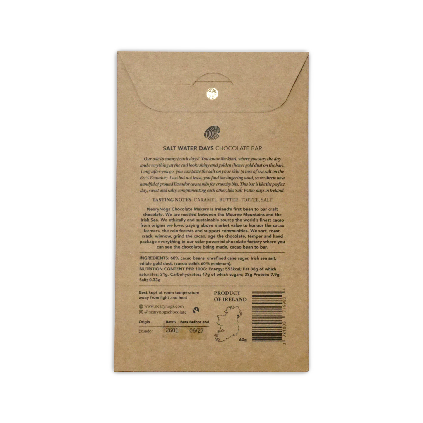 A brown kraft paper wrapper with gold foil for nearynogs dark salt water days 65 percent chocolate bar with caramel butter toffee salt flavor