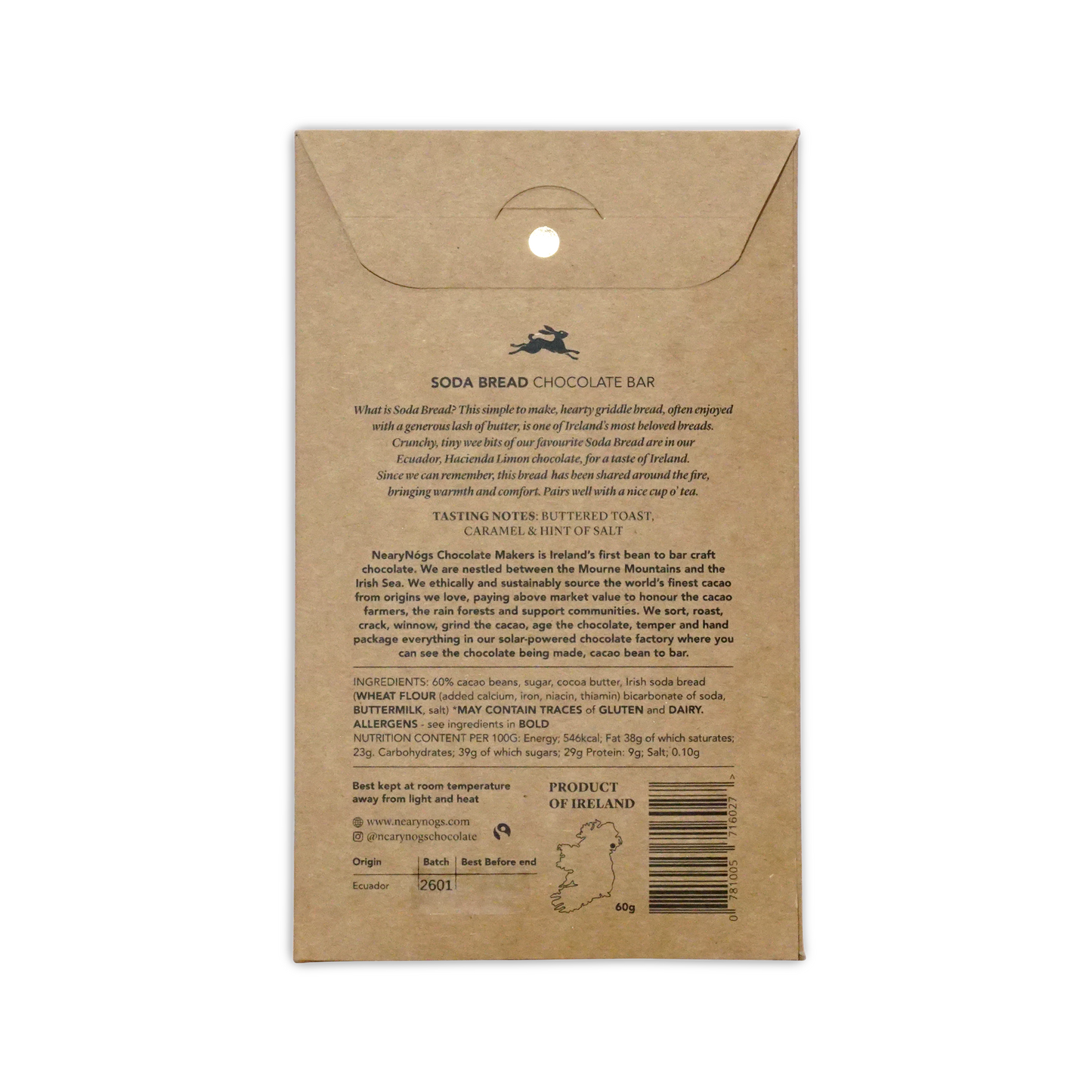 Brown kraft paper wrapper for nearynogs irish soda bread 60 percent chocolate bar with ireland map logo