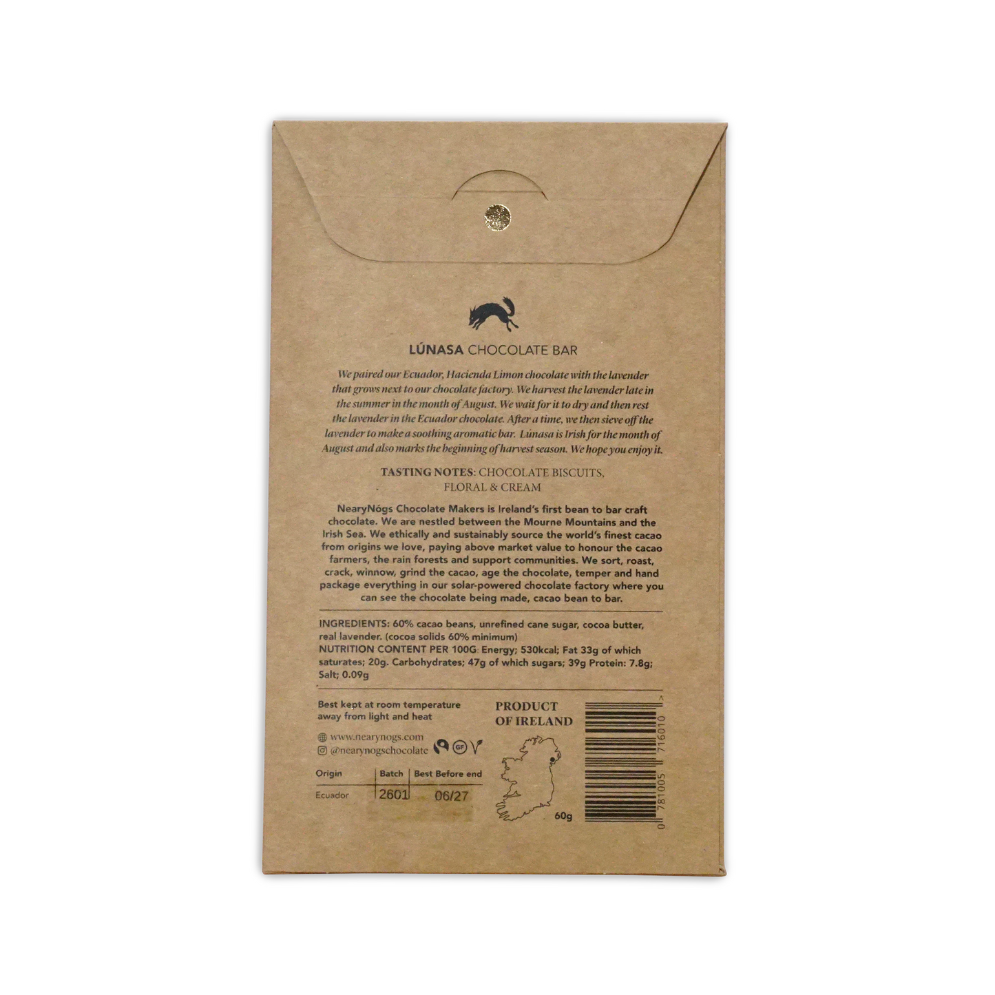 NearyNogs Lunasa dark chocolate bar with lavender 60 percent cacao in brown kraft paper with silver emblem
