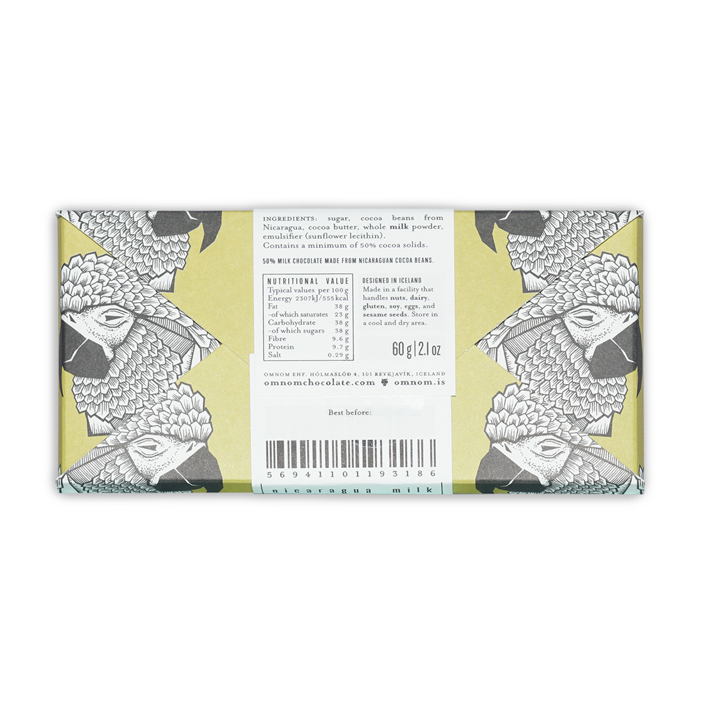 Omnom Milk of Nicaragua 50% 60g milk chocolate bar in yellow bird wrapper