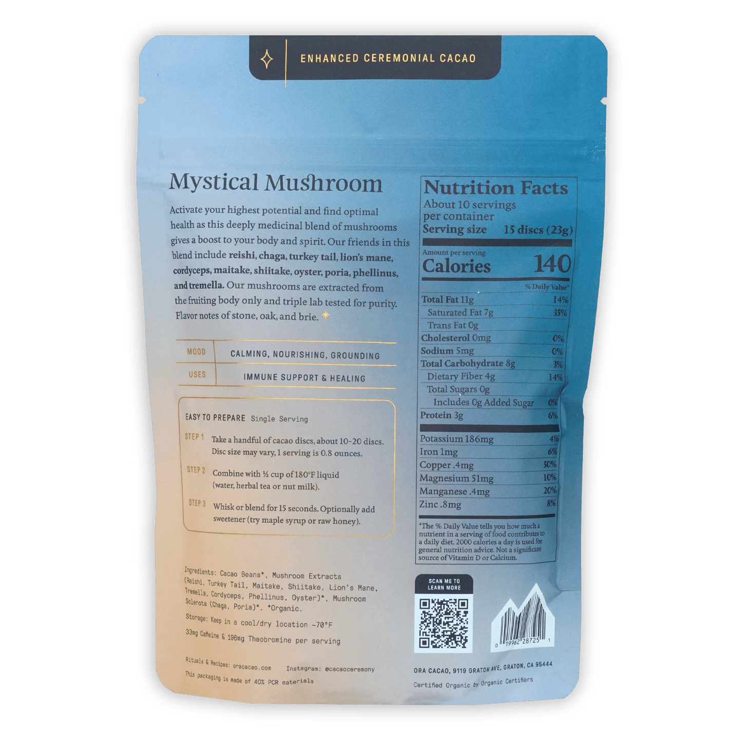 Ora Ceremonial Cacao Mystical Mushroom blue pouch with ingredients