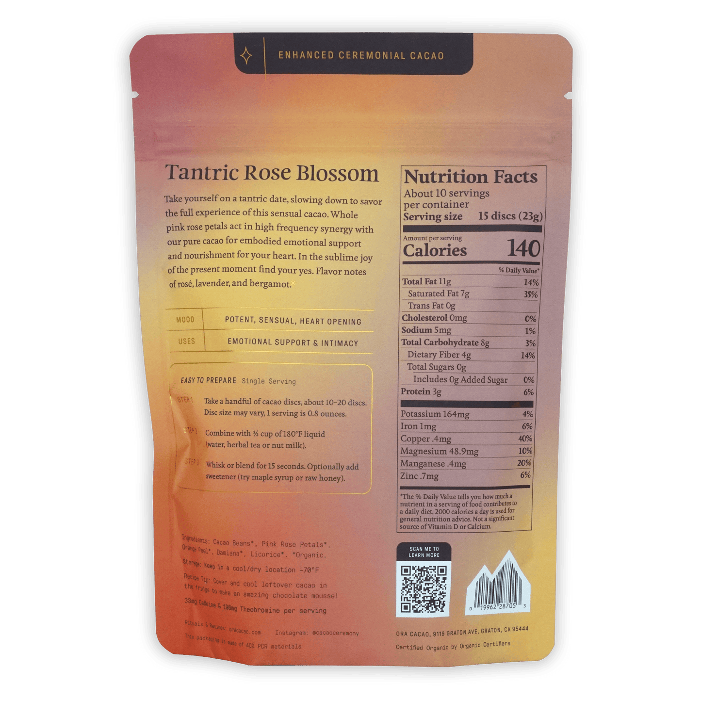 Ora Ceremonial Cacao Tantric Rose Blossom in peach pouch