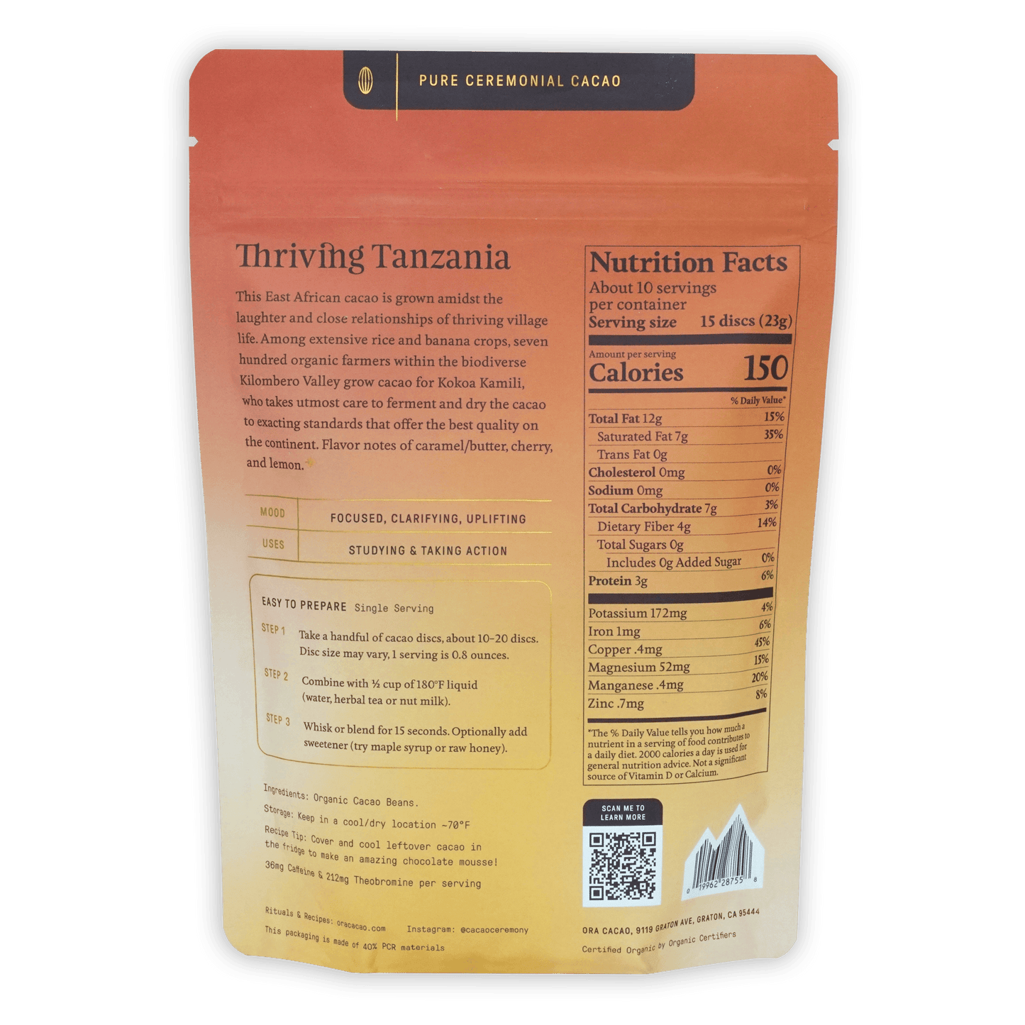 Ora Ceremonial Cacao Thriving Tanzania 100% orange matte pouch with nutrition facts
