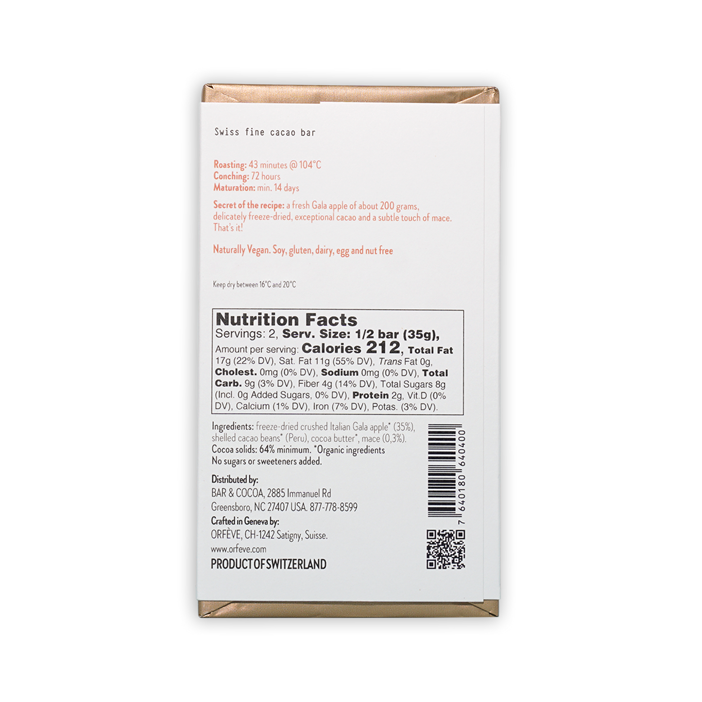 Orfeve Dark w/ Apple & Mace 64% cacao bar in white box with gold accents