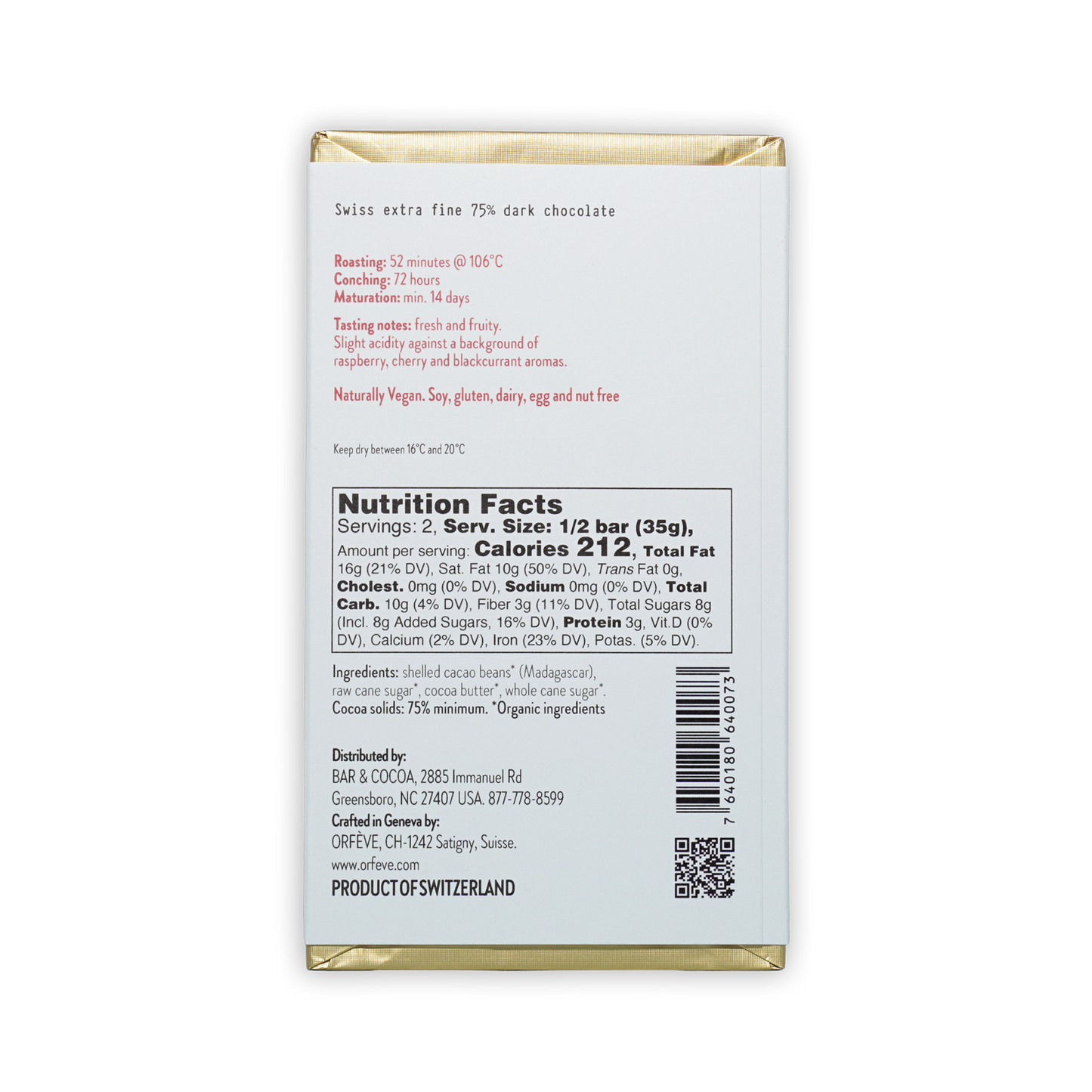 Orfeve Dark Bejofo Madagascar 75% Swiss extra fine dark chocolate bar