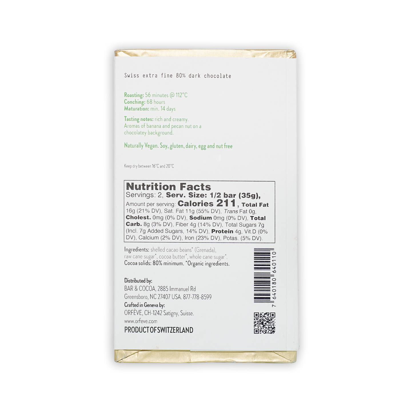 Orfeve Dark L’Esterre Grenada 80% white wrapper back with nutrition facts