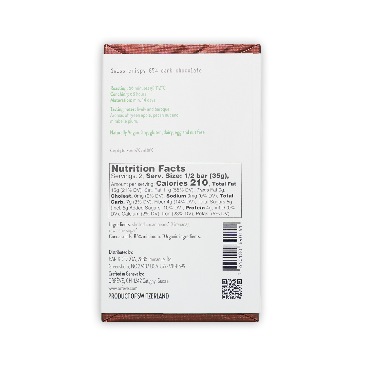 Orfeve Dark Brut 85% dark chocolate bar in white brown foil wrapper