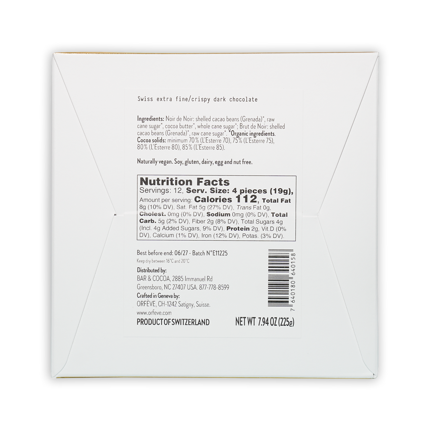 Back of Orfeve Dark Chocolate Grenada Tasting Box: white box with swiss extra fine crispy dark chocolate ingredients and nutrition facts