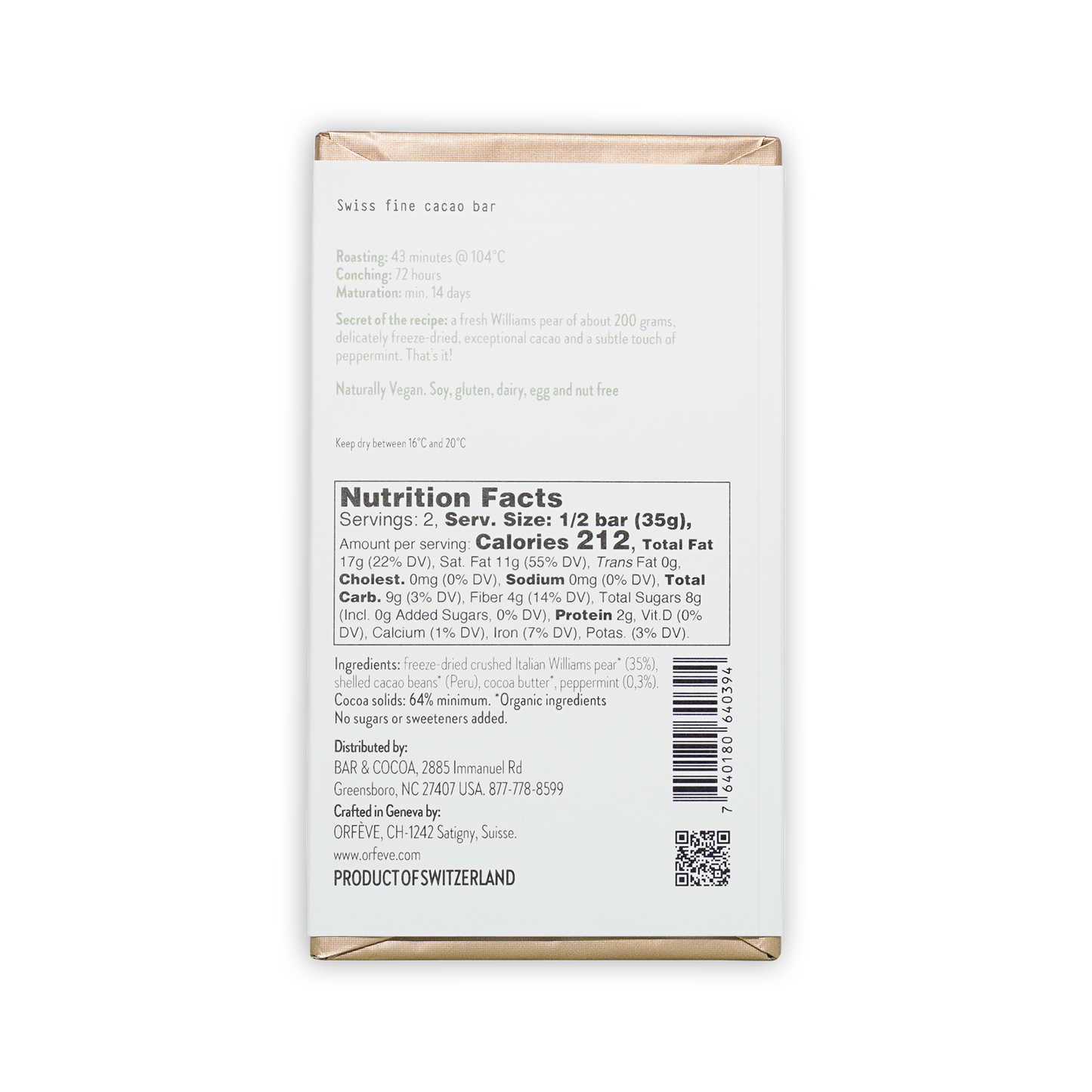 Orfeve Dark w/ Pear & Peppermint 64% cacao bar in white wrapper