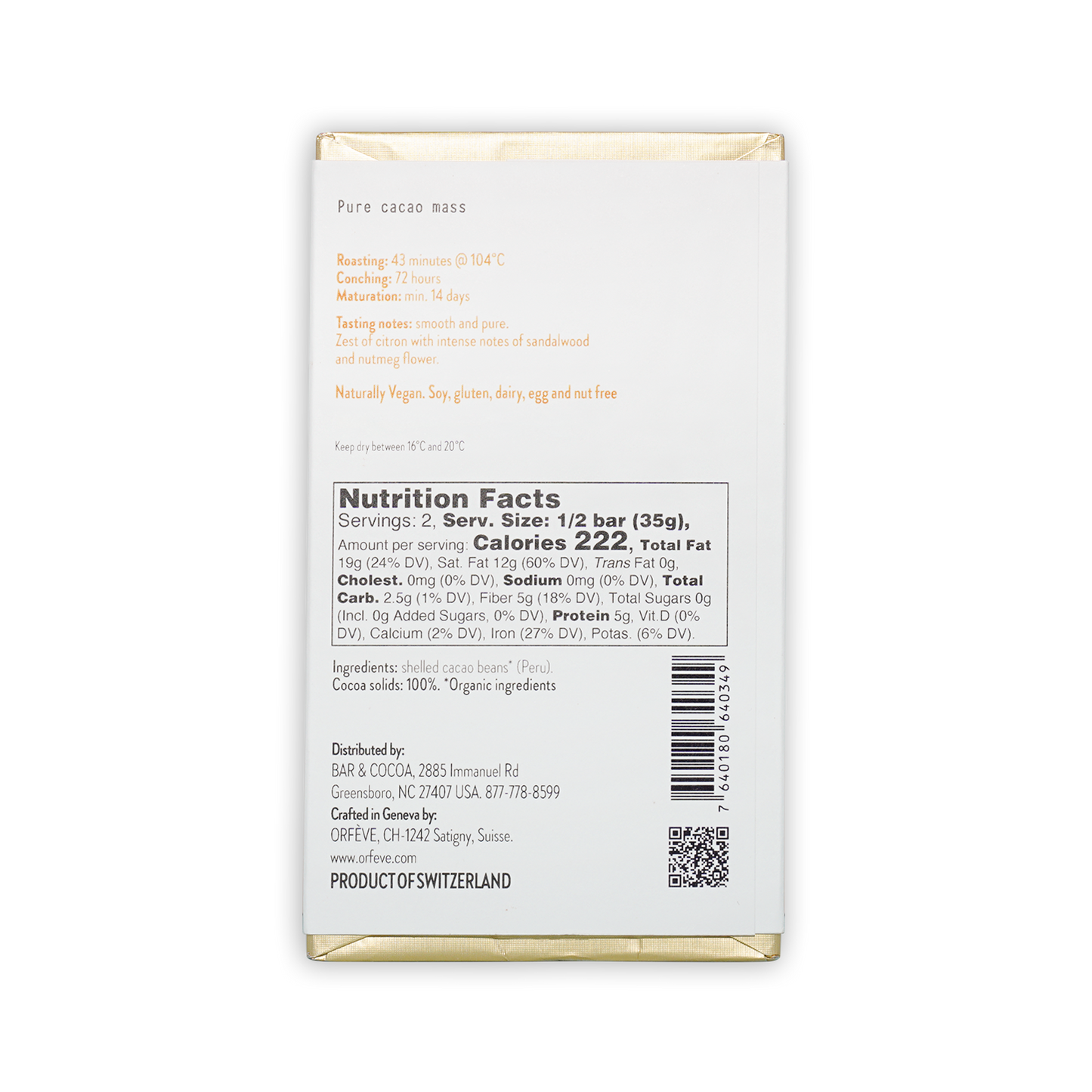Orfeve Dark Quillabamba Peru 100% chocolate bar wrapper with gold edges