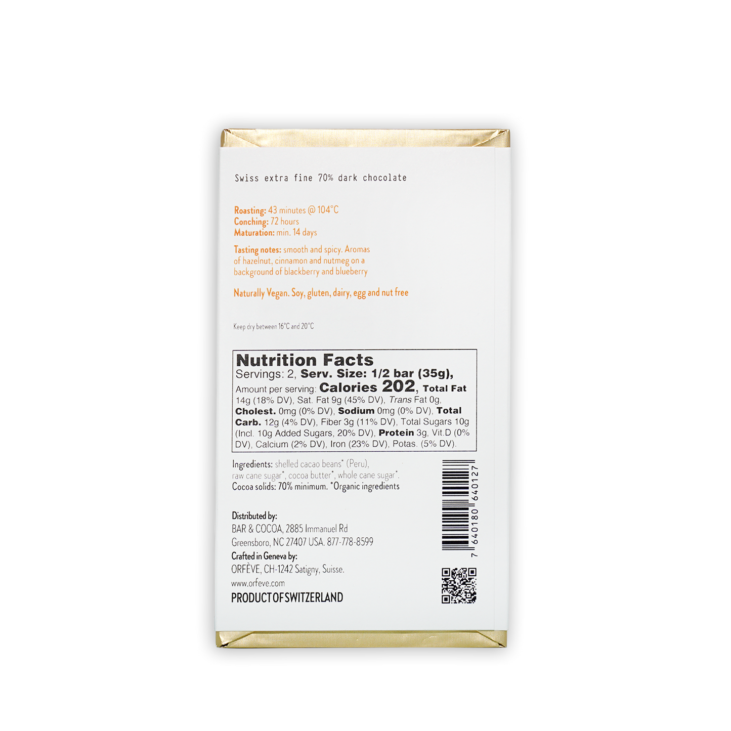 Orfeve Dark Quillabamba Peru 70% white chocolate bar wrapper