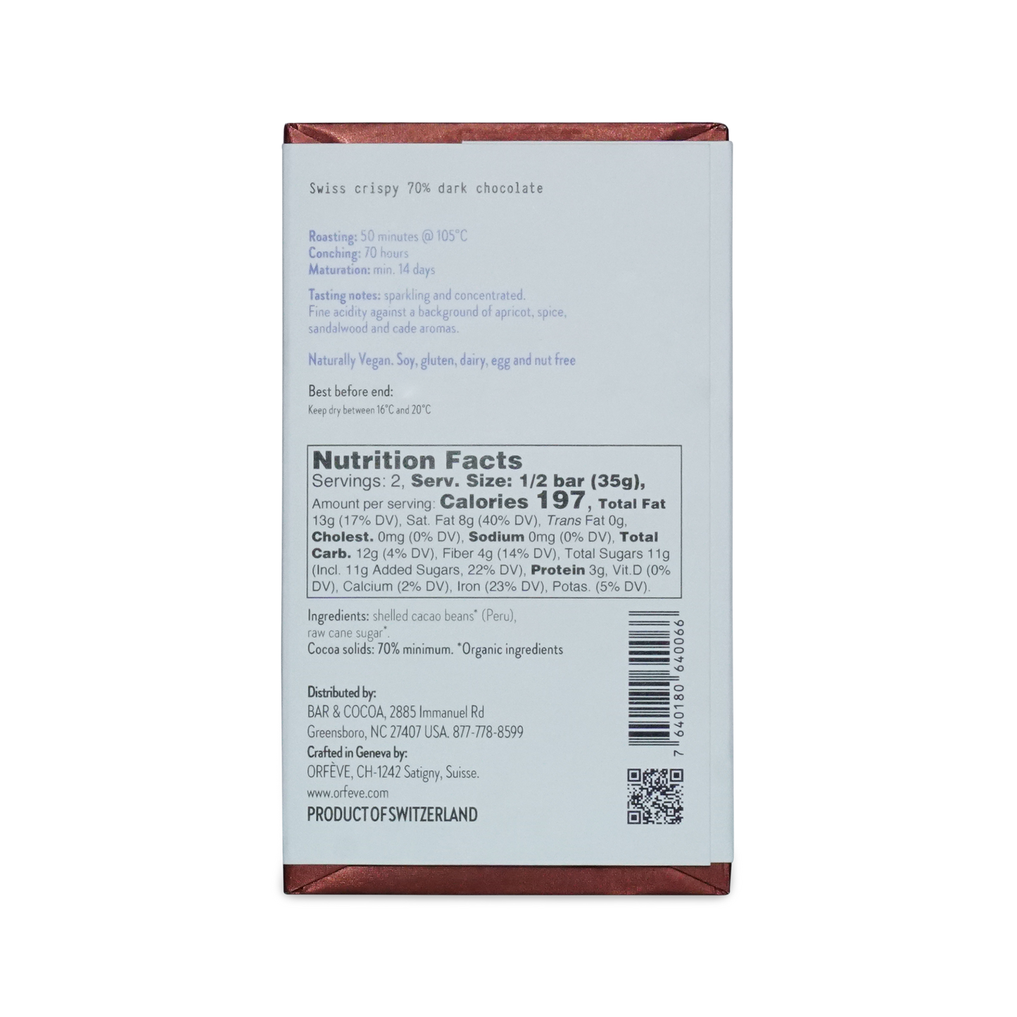 Nutrition facts label on a chocolate bar packaging with a white background