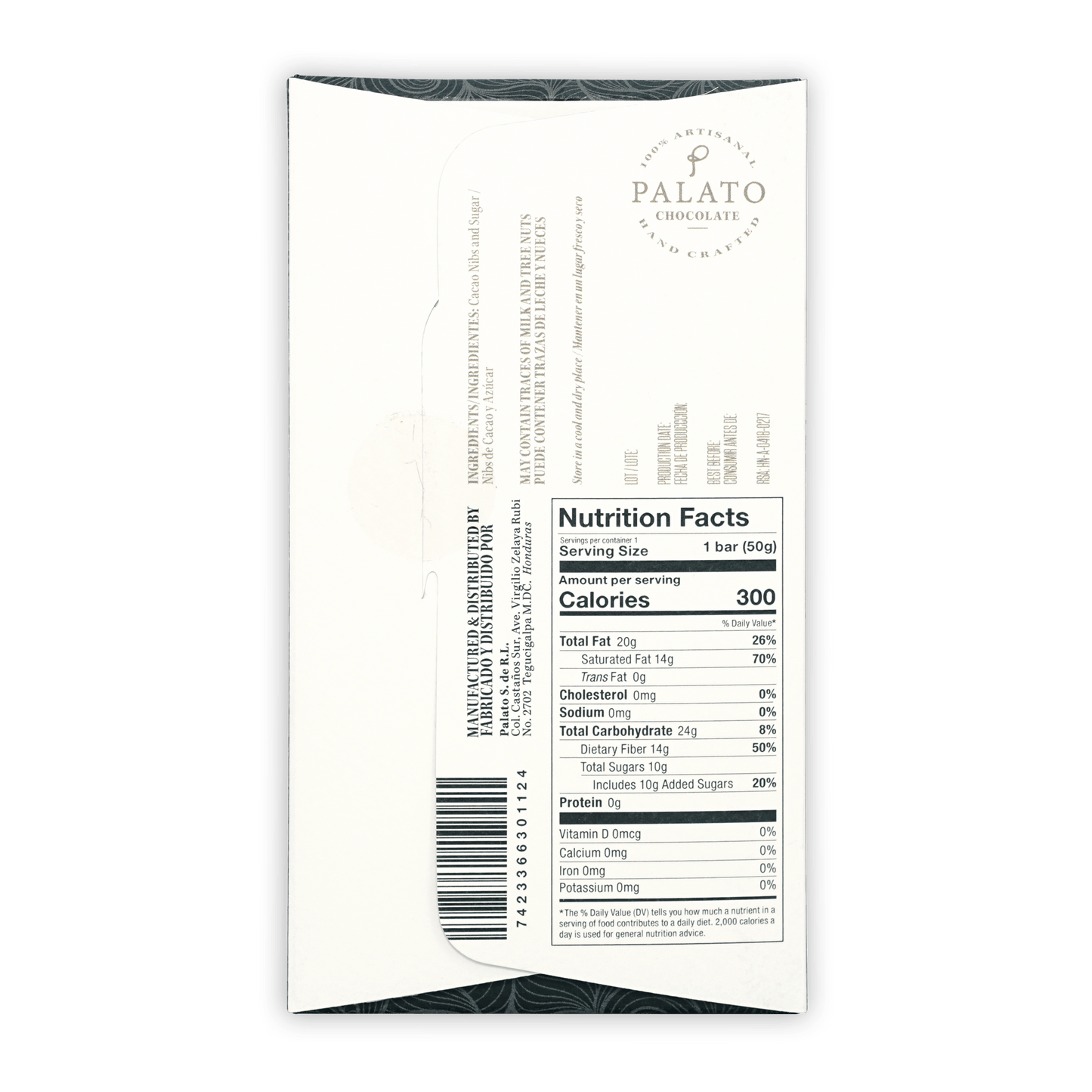 Palato Honduras Dark Chocolate 80% white paper wrapper with black text logo