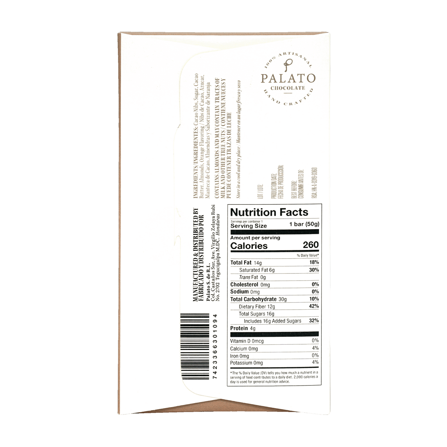 Palato Dark Chocolate with Orange and Almonds 65% package
