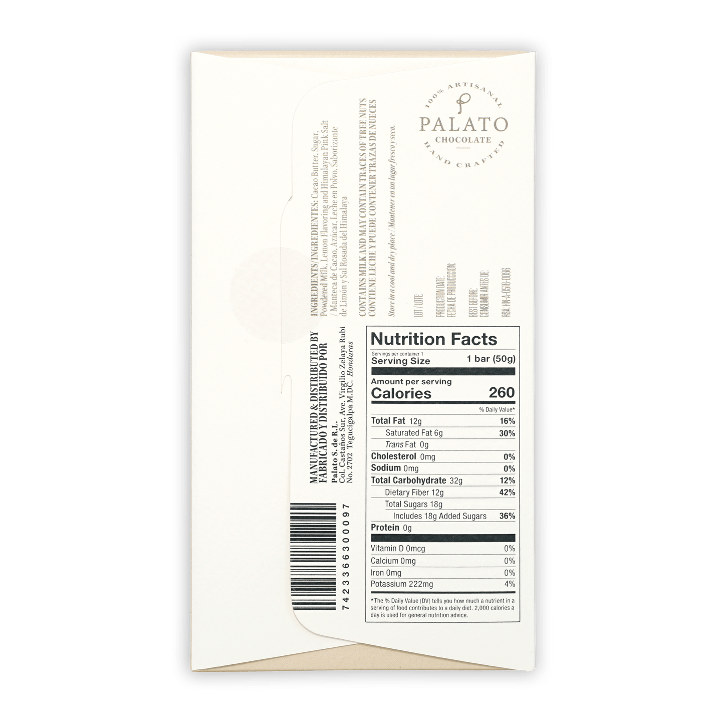 Palato White Chocolate w/ Lemon & Pink Salt white box with barcode