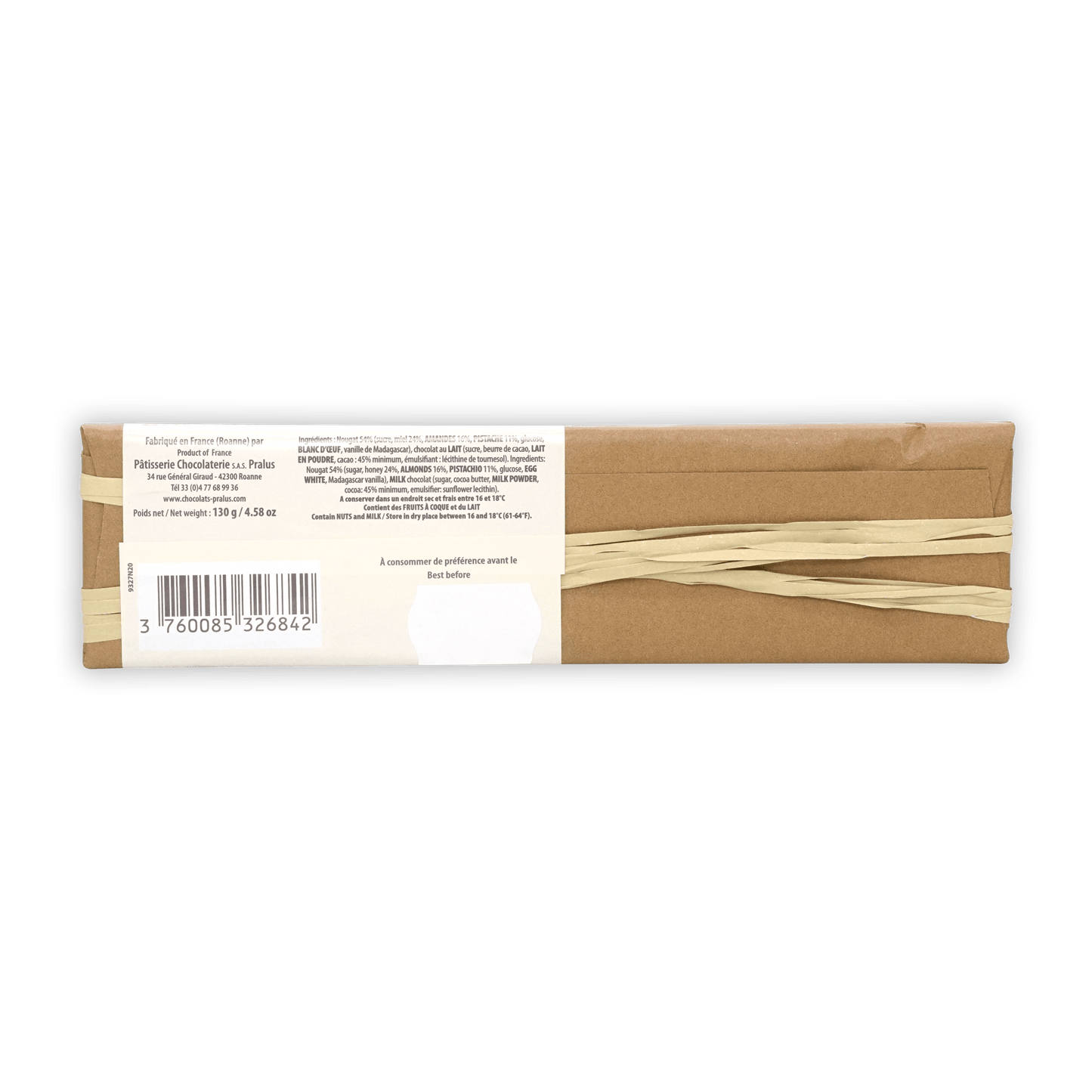Pralus Infernale Nougat Bar in brown paper with beige ribbon