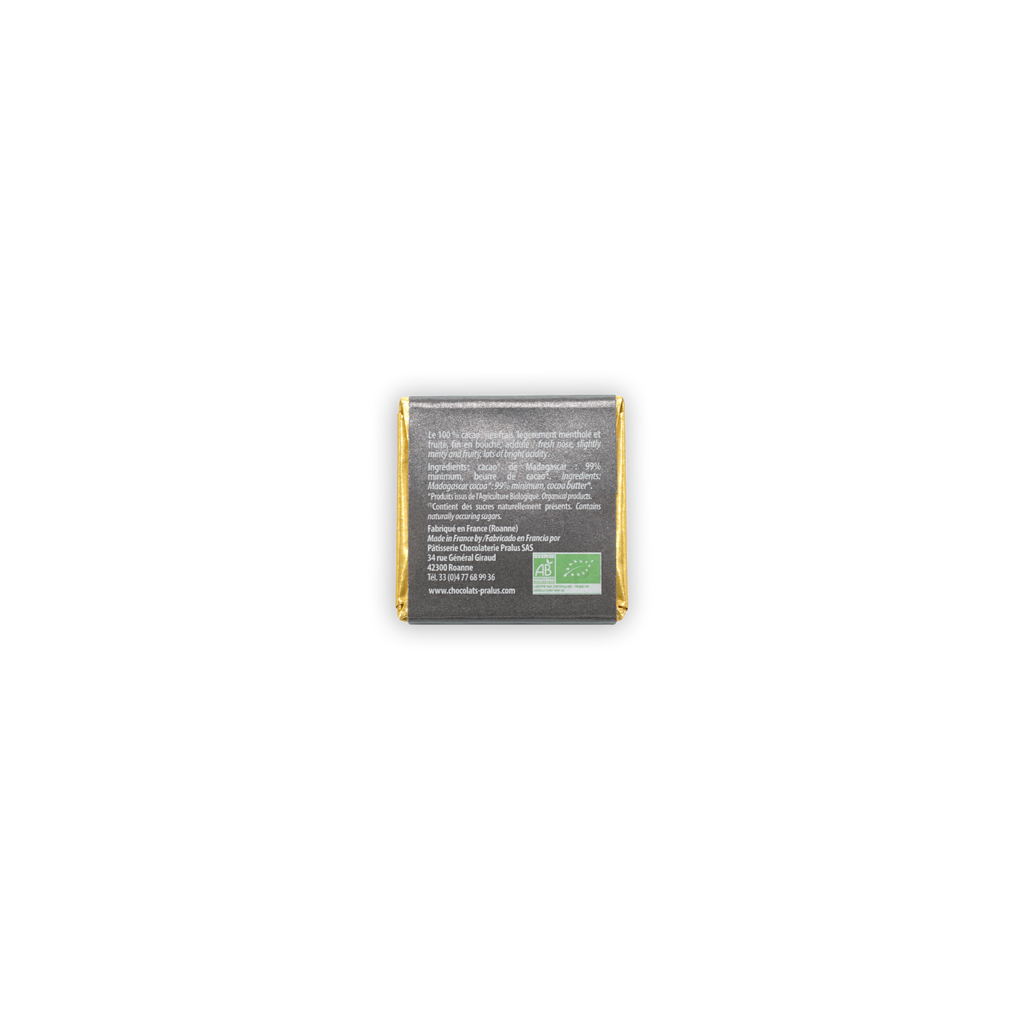 Pralus Napolitans dark 100% chocolate mini squares in gold foil with organic label