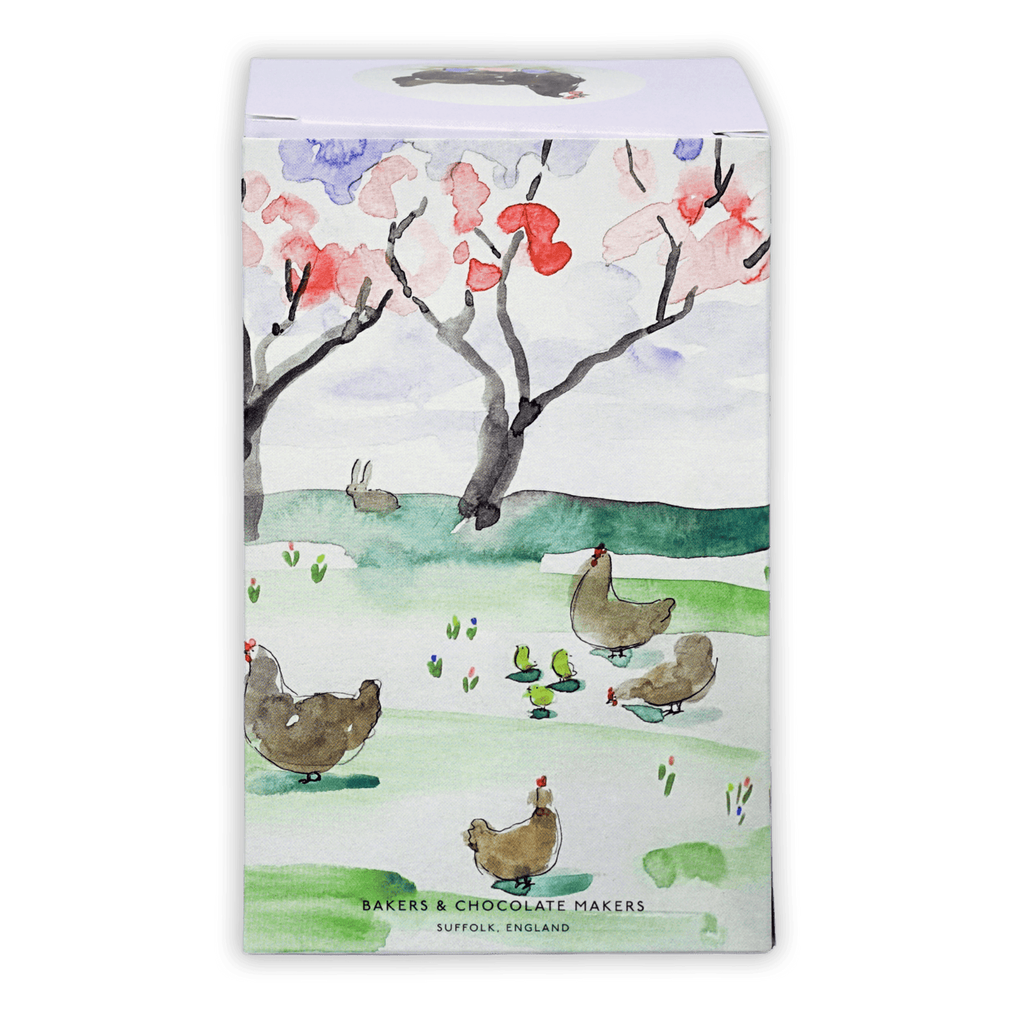 Pump Street Chicken and Egg Box Hot Cross Bun with watercolor chickens and chicks
