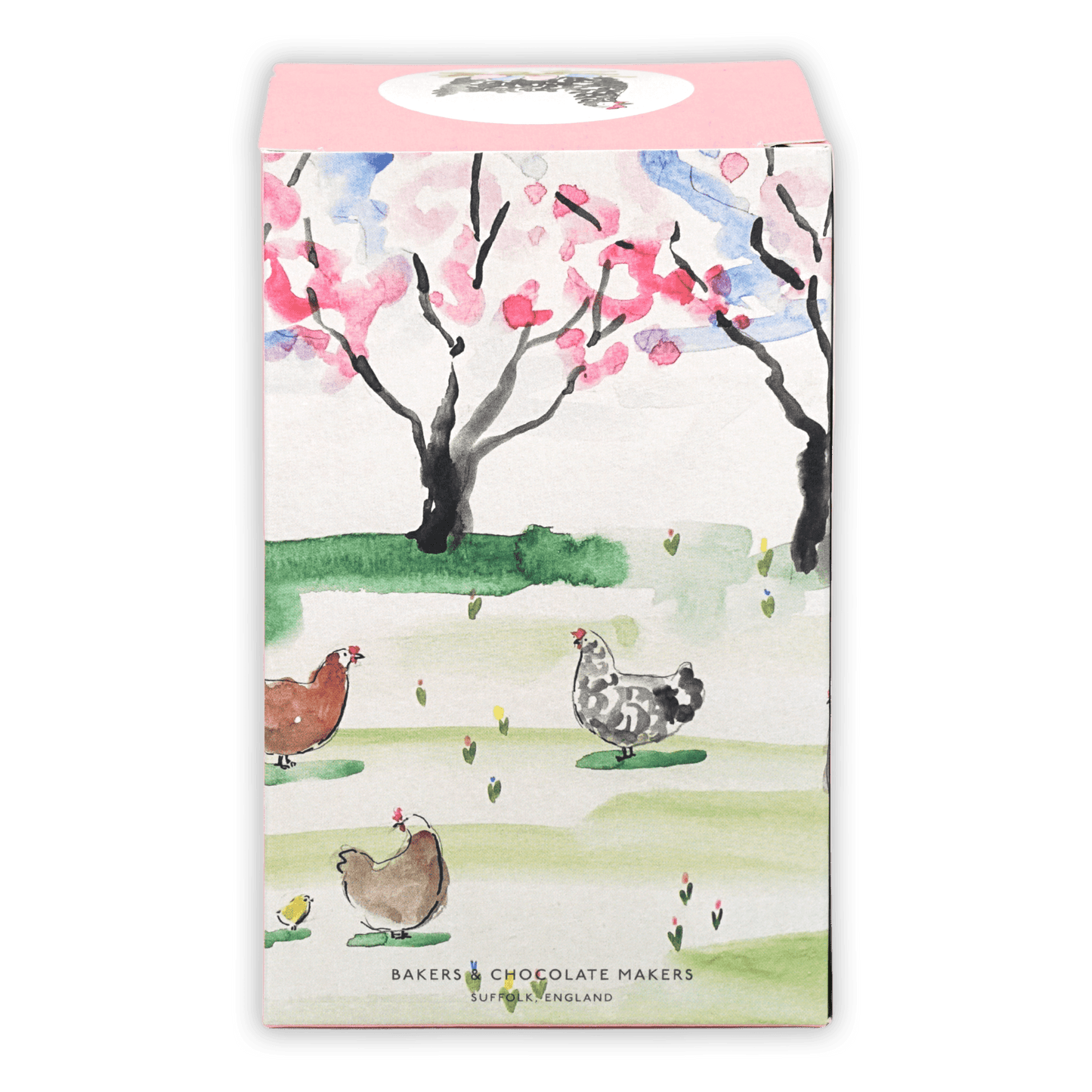 Pink Pump Street Chicken and Egg Box with cherry blossoms, chickens, Madagascar Milk 58%