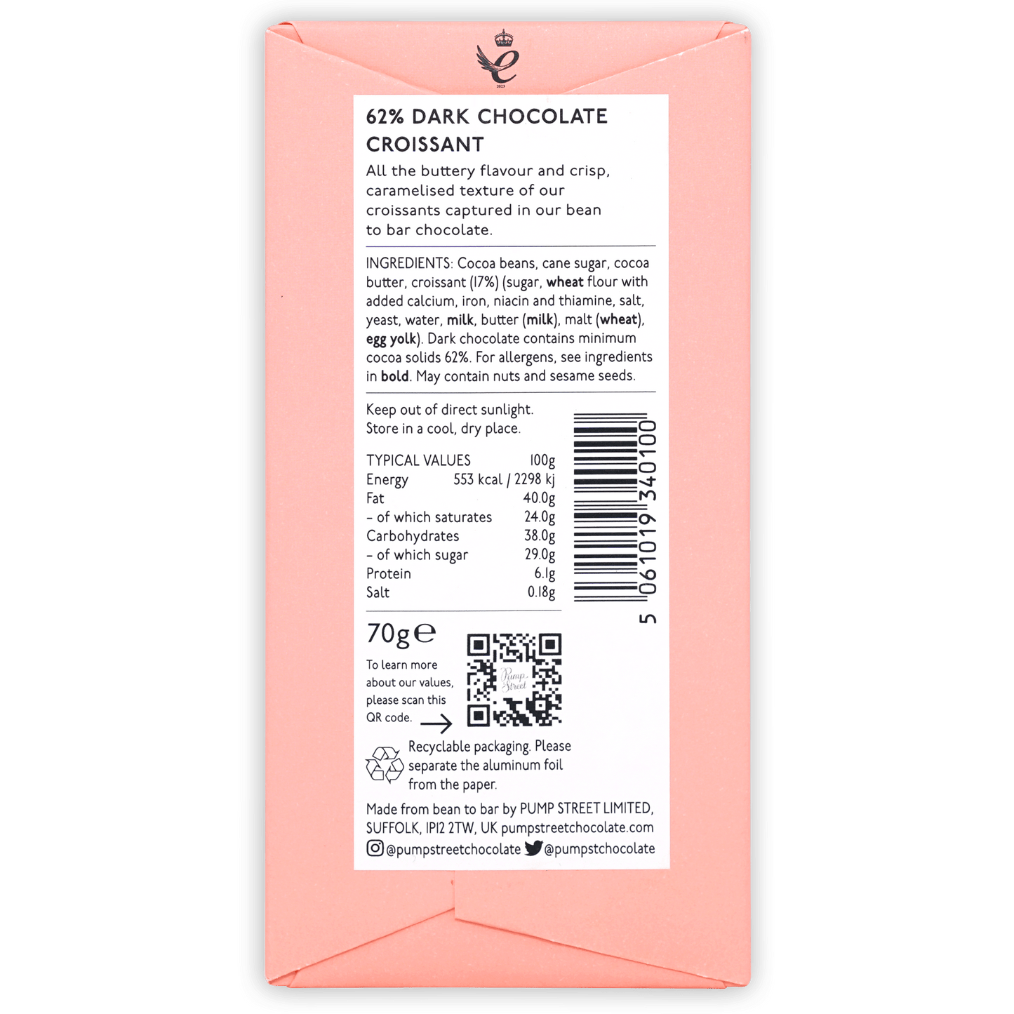Pink Pump Street Croissant Bar 62% dark chocolate wrapper