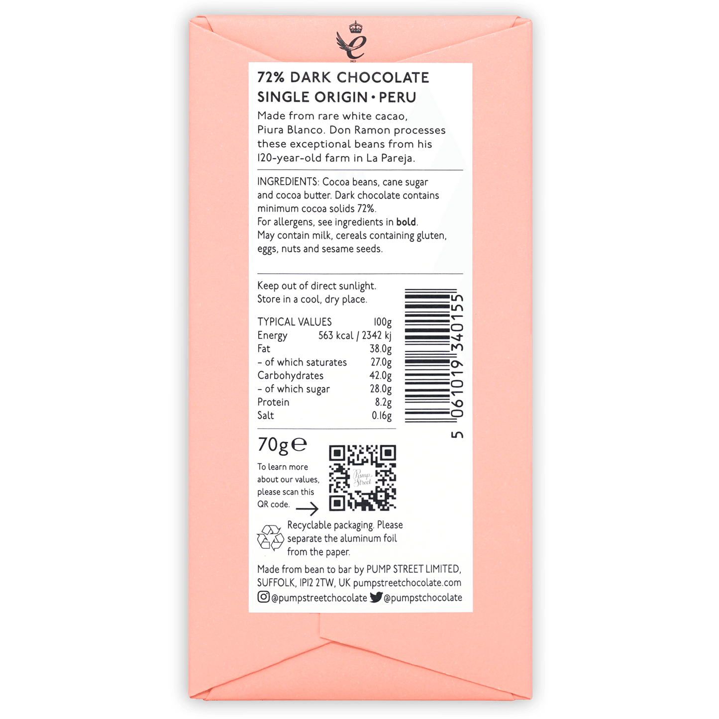 Pump Street Don Ramon’s Farm La Pareja Peru 72% dark chocolate wrapper