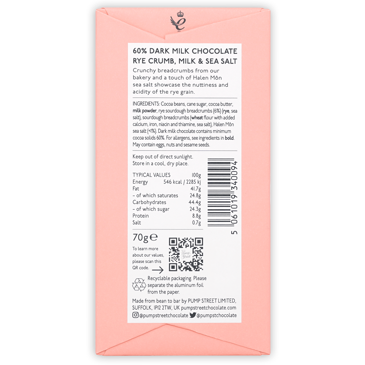 Pump Street Rye Crumb, Milk & Sea Salt 60%