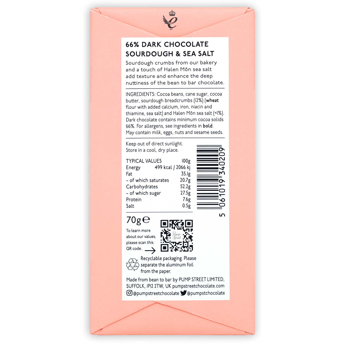 Pump Street Sourdough & Sea Salt 66% pink chocolate bar wrapper