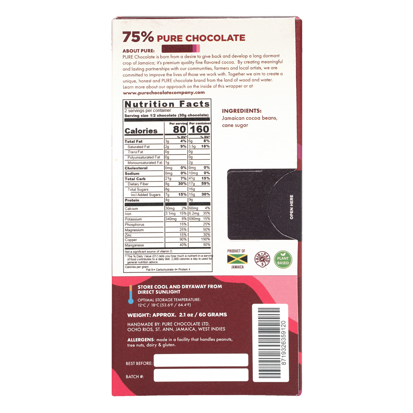 Pure Chocolate Dark 75% bar back with nutrition facts