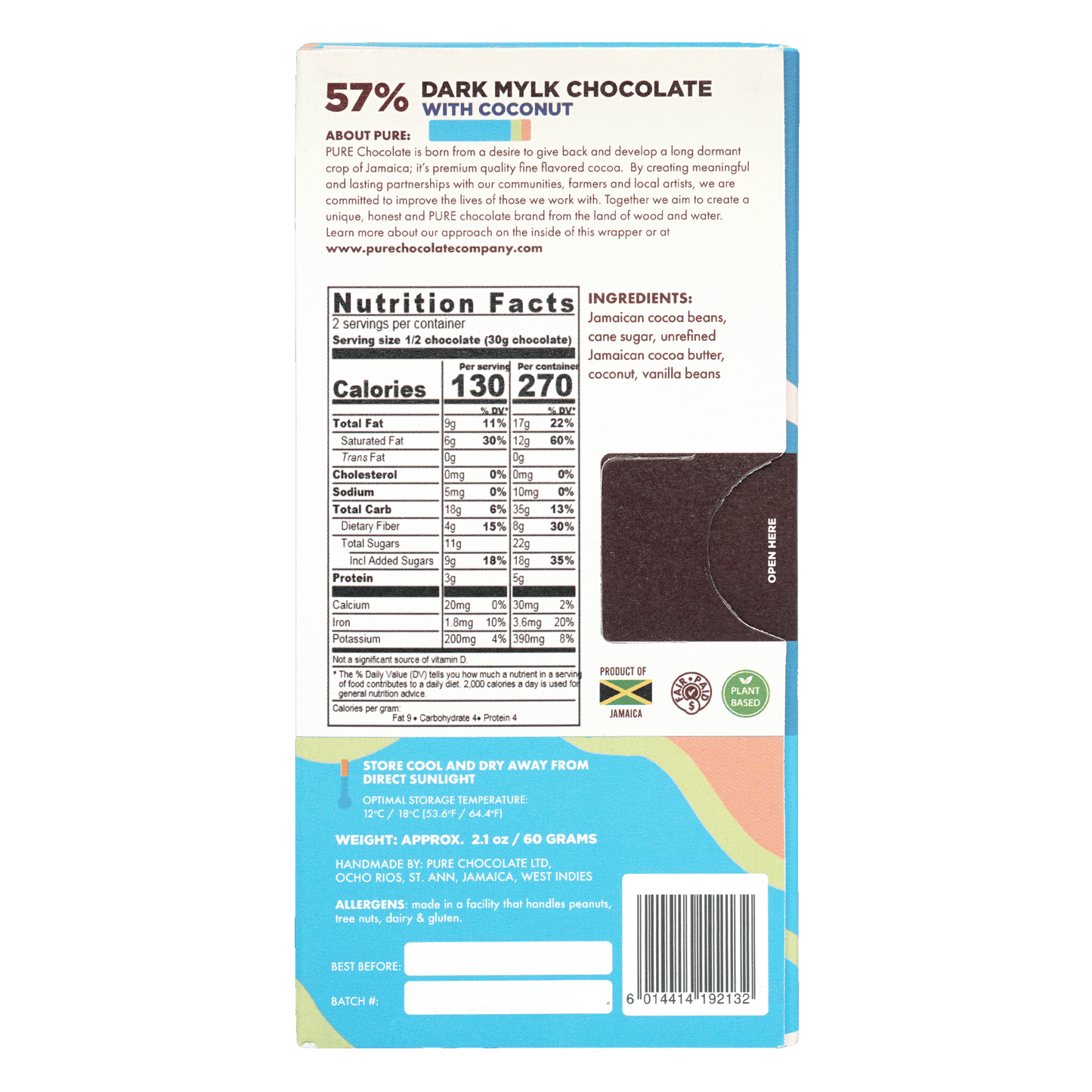 Pure Chocolate Dark Milk w/ Coconut 57% bar in colorful wrapper