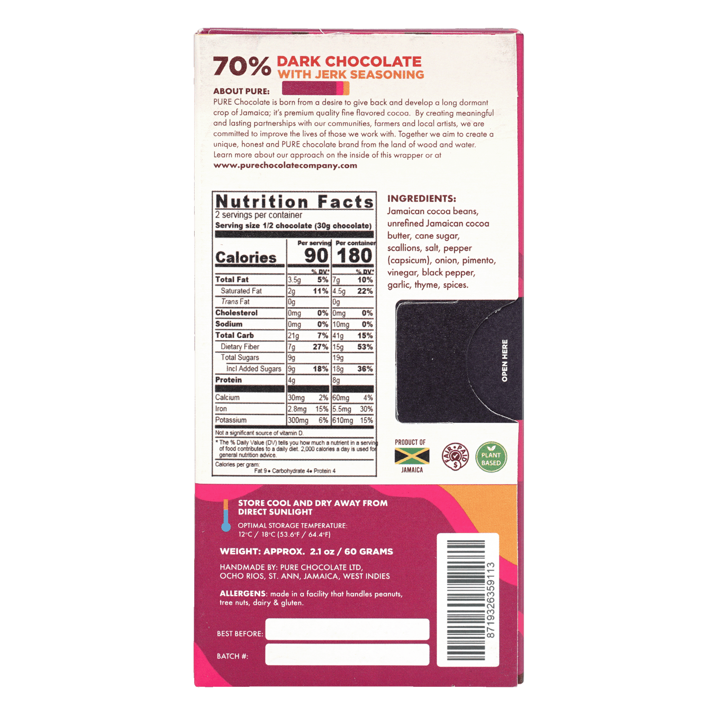 Pure Chocolate 70% dark chocolate bar with jerk seasoning wrapper back