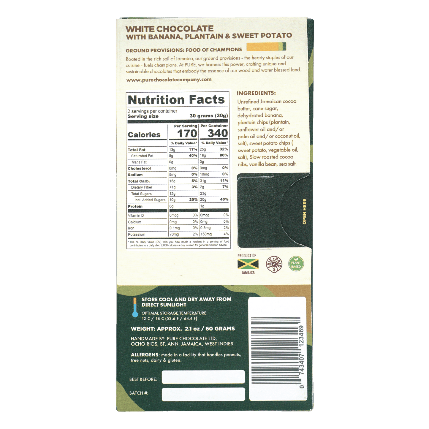 Pure Chocolate White bar with banana, plantain and sweet potato flavor